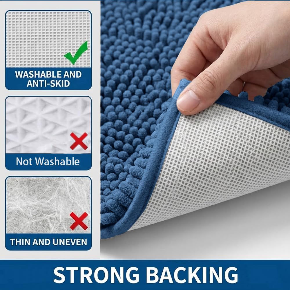 Bathroom Rugs Sets 2 Piece,Super Absorbent Chenille Bath Mats and U-Shaped Toilet Rug,Strong PVC Non Slip Backing,Microfiber Washable Dry Quickly Bath Mats for Bathroom(20"x32"+20"x20"U, Medium Blue)
