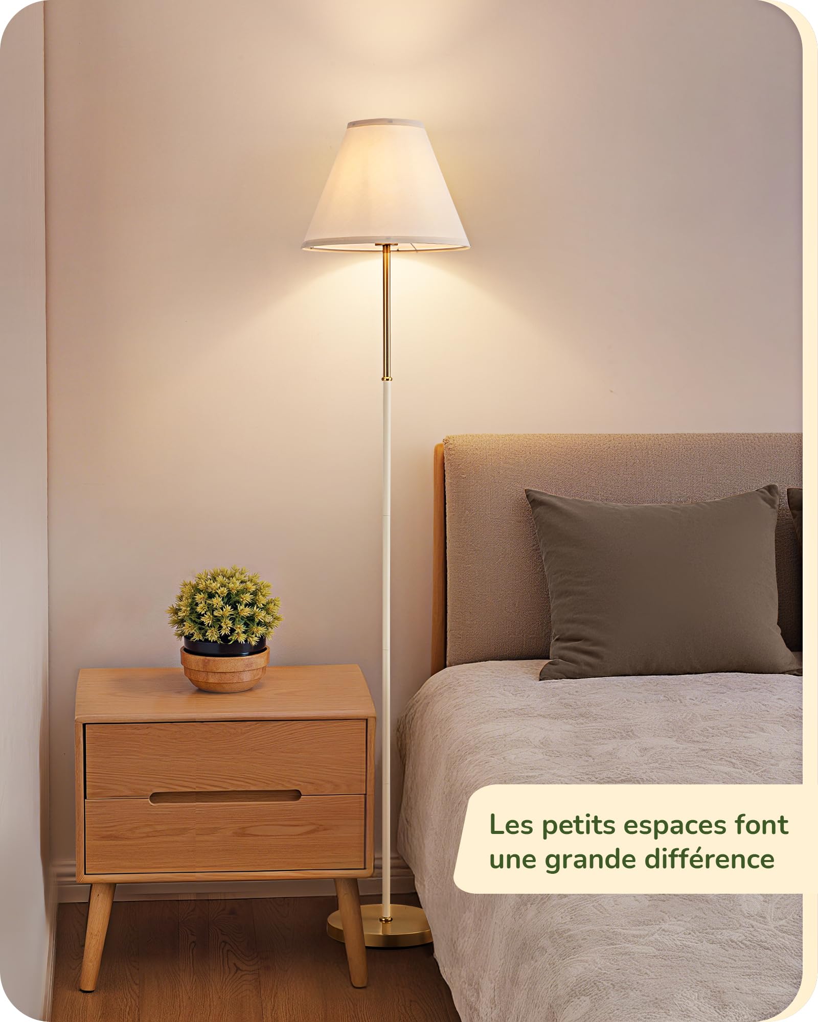 EDISHINE Lampadaire Rétro Salon, Abat-Jour en Coton et Lin, 2700K, Blanc | Ampoule LED Incluse, Douille E27, Structure en Métal, Interrupteur au Pied, Lampadaire Moderne pour Chambre et Coin Lecture