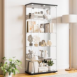 Glass Display Cabinet 5-Shelf with Door, Lock and Mirror,5mm Tempered Glass Floor-to-Ceiling Glass Bookcase for Bedroom, Living Room, Black