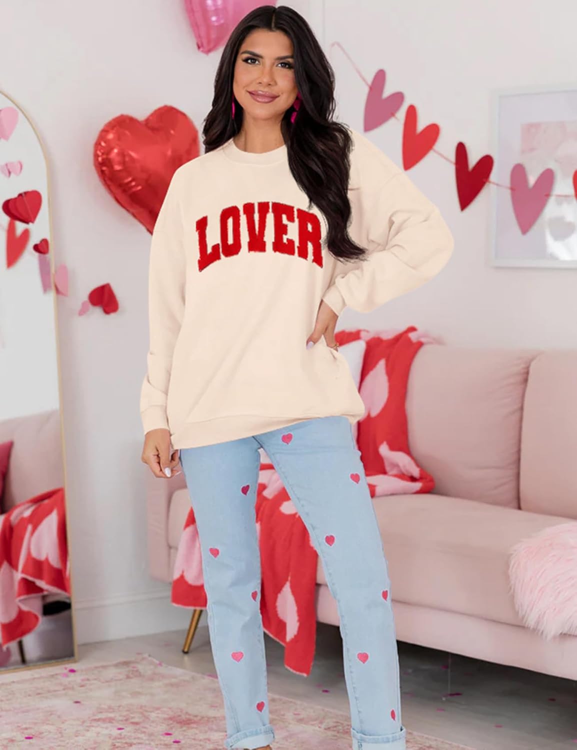 LETSEE Womens Valentine Crewneck Sweatshirt Letter Chenille Patch Long Sleeve Pullover Tops Oversized Clothes - Image 2