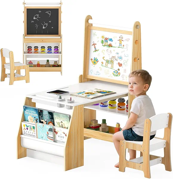 HONEY JOY Kids Table and Chair Set, Wooden Arts and Crafts Activity Set w/Adjustable Magnetic Whiteboard & Chalkboard, Paper Roll, Bookshelves & Storage Shelves, Toddler Table and Chair Set (Natural)