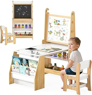 HONEY JOY Kids Art Table and Chair Set, Wooden Arts and Crafts Activity Set w/Adjustable Magnetic Whiteboard & Chalkboard, Paper Roll, Bookshelves & Storage Shelves, Toddler Table(Natural)