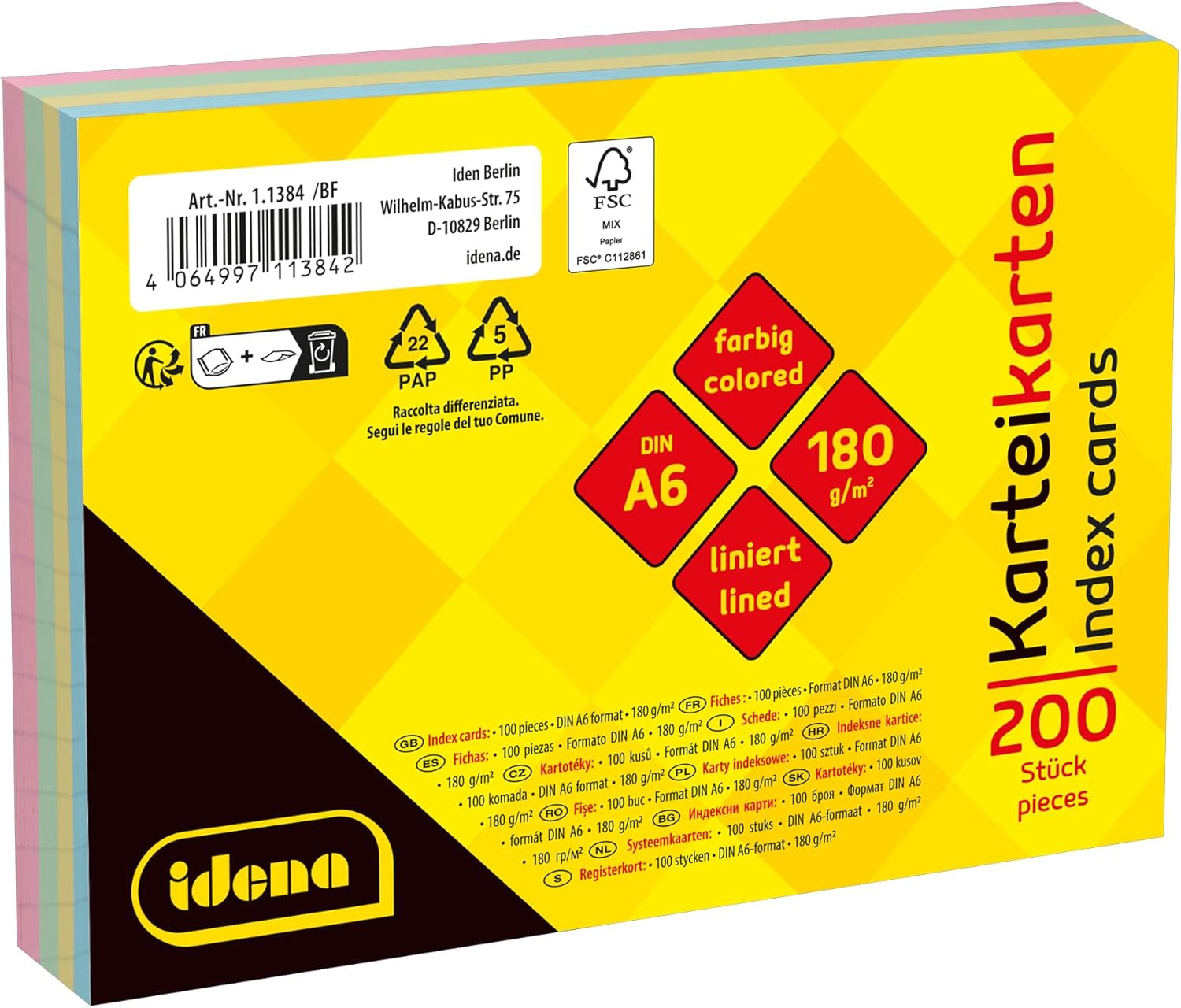 Idena 11384 - A6 Sheets, 200 pieces, ruled, FSC-Mix paper learning cards 180 g/m² in 4 colours, for school and office