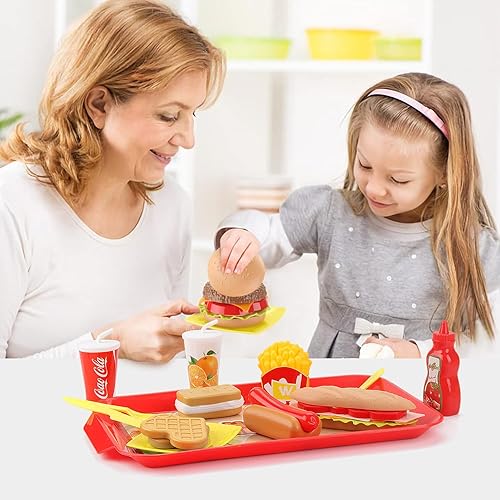 Miniatura 7 de Juego de comida de juego de simulación para niños, juego de comida rápida extraíble con bandeja, combo de hamburguesas, papas fritas, accesorios