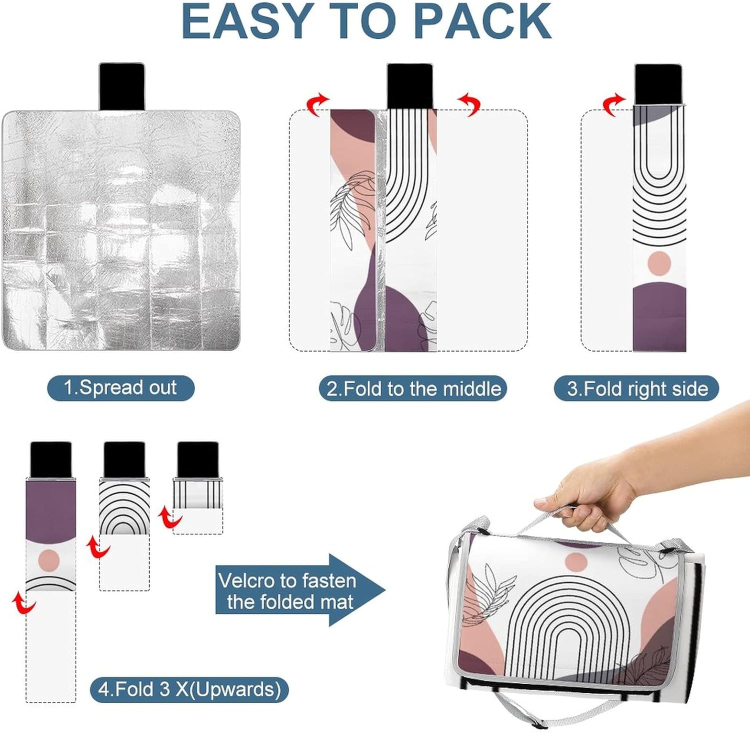 Abstract Mid Century Art PortableAnd Extra Large Picnic & Outdoor Blanket Vintage Modern Bohemia Art Leaves Arches Print for Outdoor Beach Hiking Camping on Grass Waterproof Sandproof 58.3x58.3 Inch