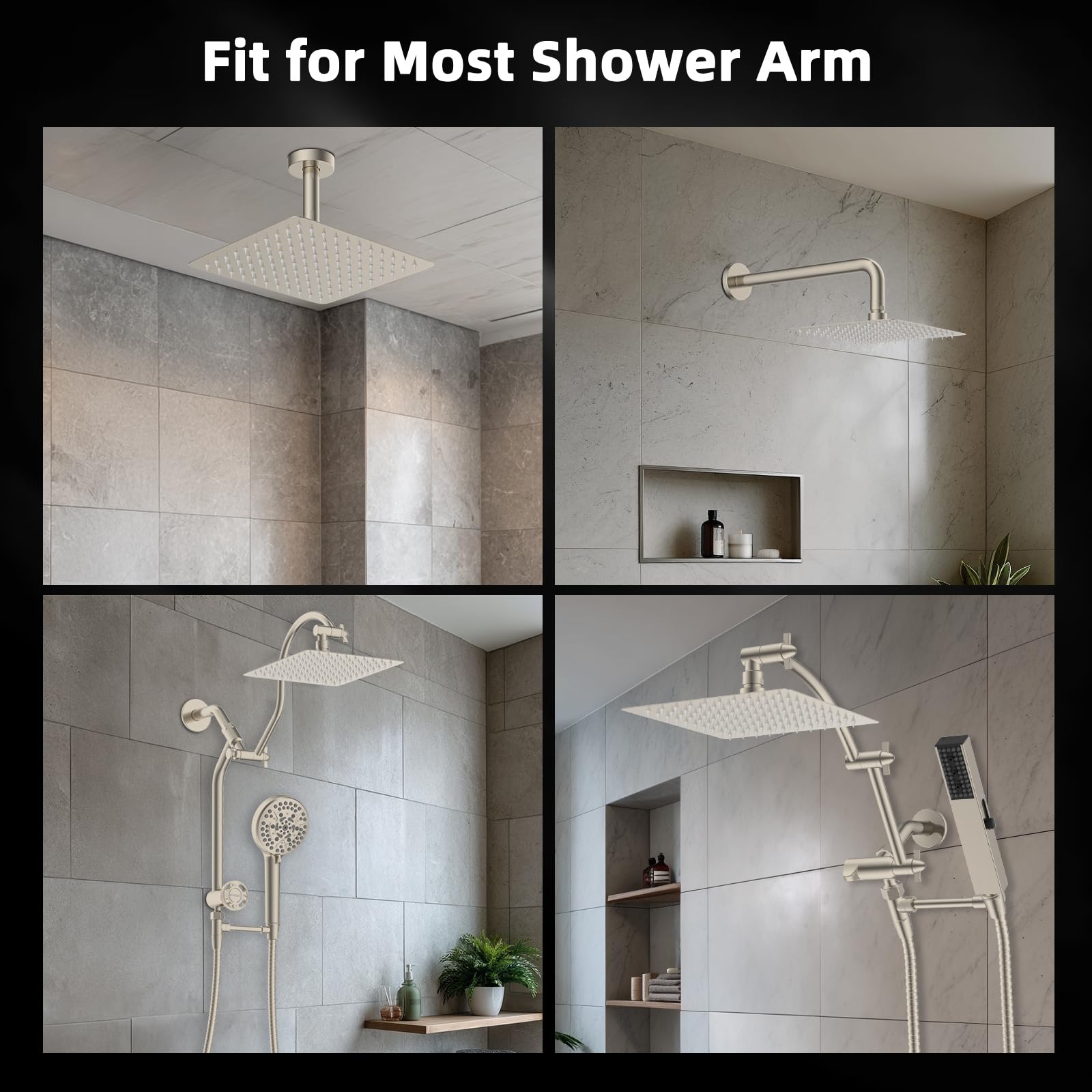 Hibbent Soffione doccia interamente in metallo, 25,4 x 22,9 cm, soffione doccia a pioggia in acciaio inox ad alta pressione, soffione a pioggia per bagno con design ultrasottile, giunto in ottone
