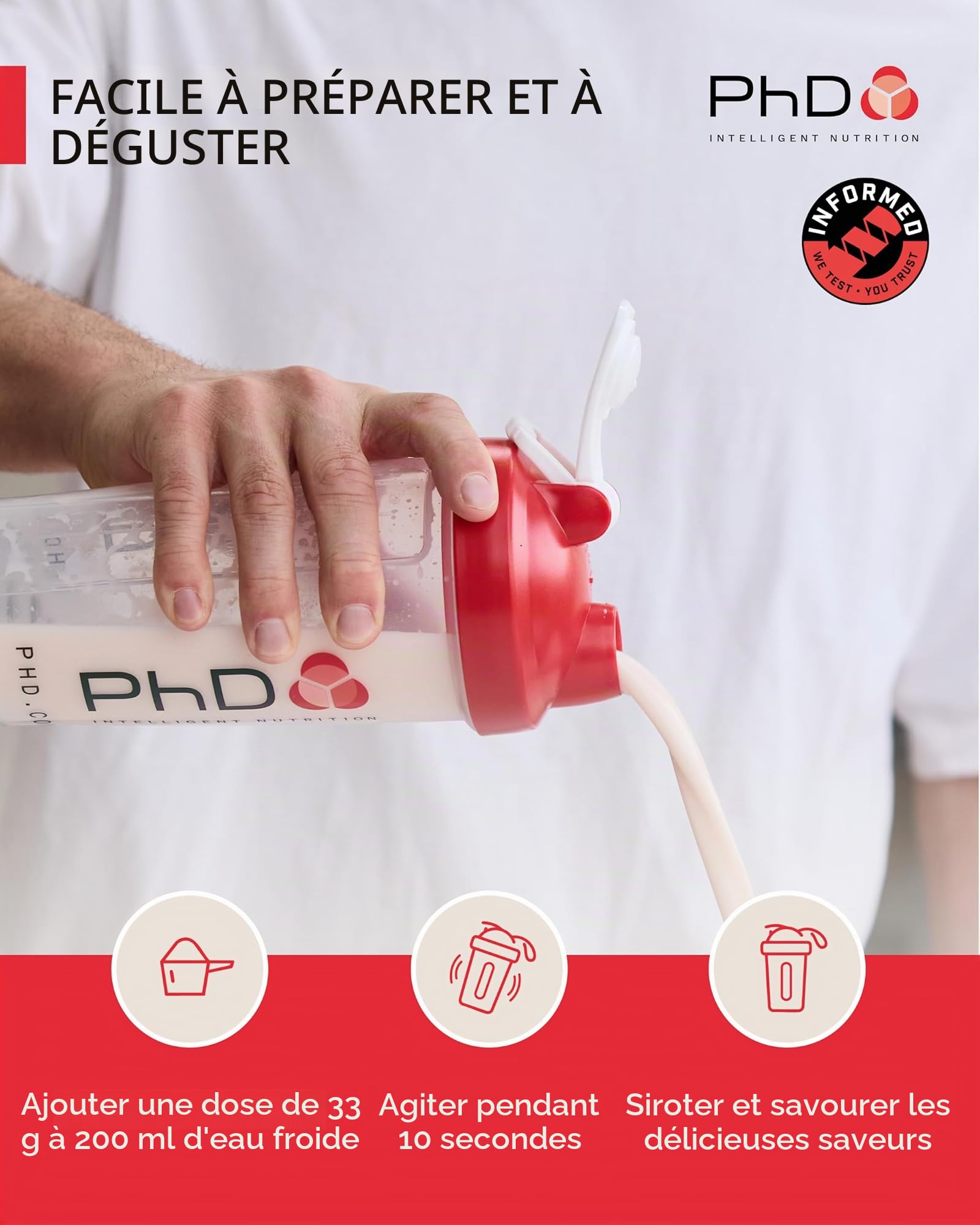 PhD Nutrition Poudre de Protéine de Lactosérum 1kg Fraise – avec 25g de Protéines Informed par Portion, Enrichi de Cultures Bien Tolérées