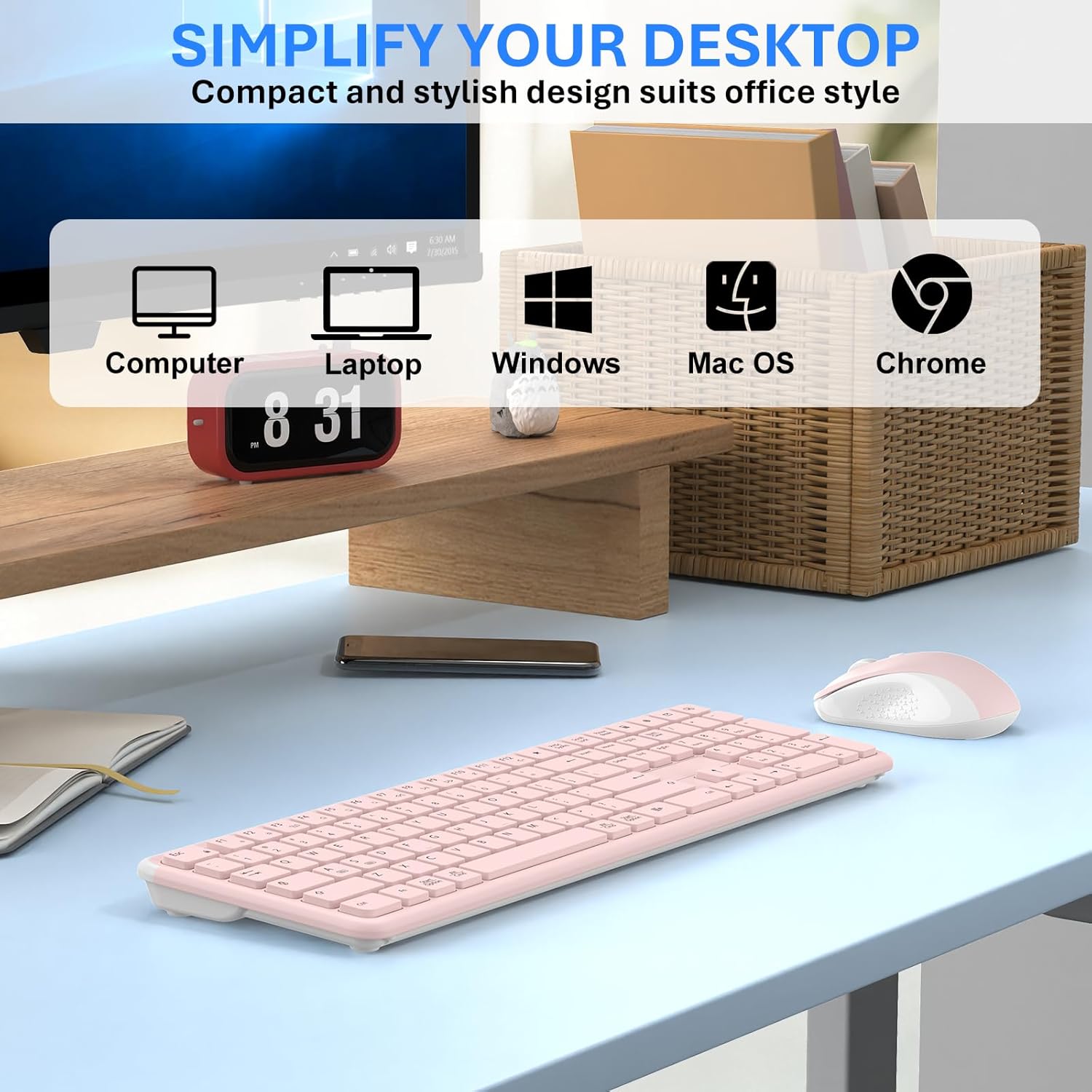 Wireless Keyboard and Mouse Combo, Full-Size Silent Ergonomic Keyboard and Mouse, Sleep Mode, Long Battery Life, 2.4G Lag-Free Cordless Mice Keyboard Set for Computer, Laptop, PC, Mac, Windows (Pink)