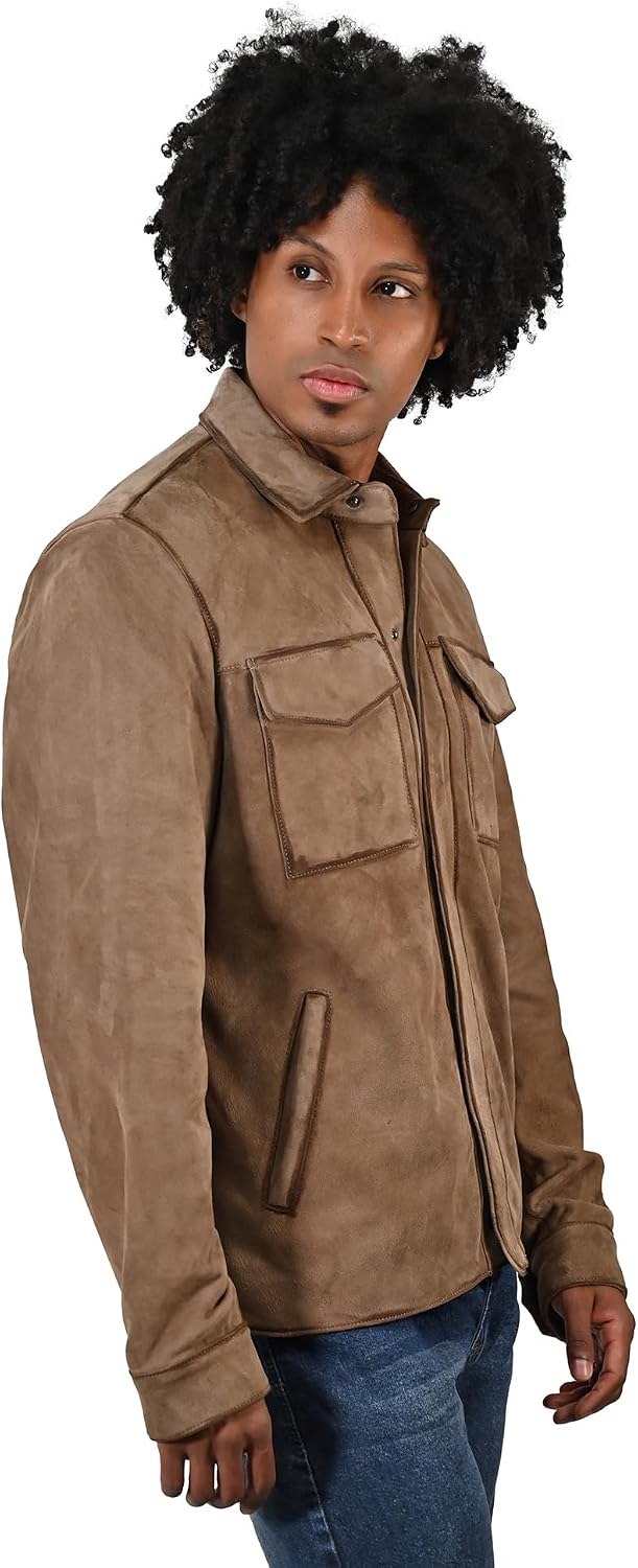 Frye MEN’S SUEDE OVERSHIRT JACKET, GENUINE LEATHER, SNAP CLOSURE, UTILITY POCKETS – DARK BROWN COLOR