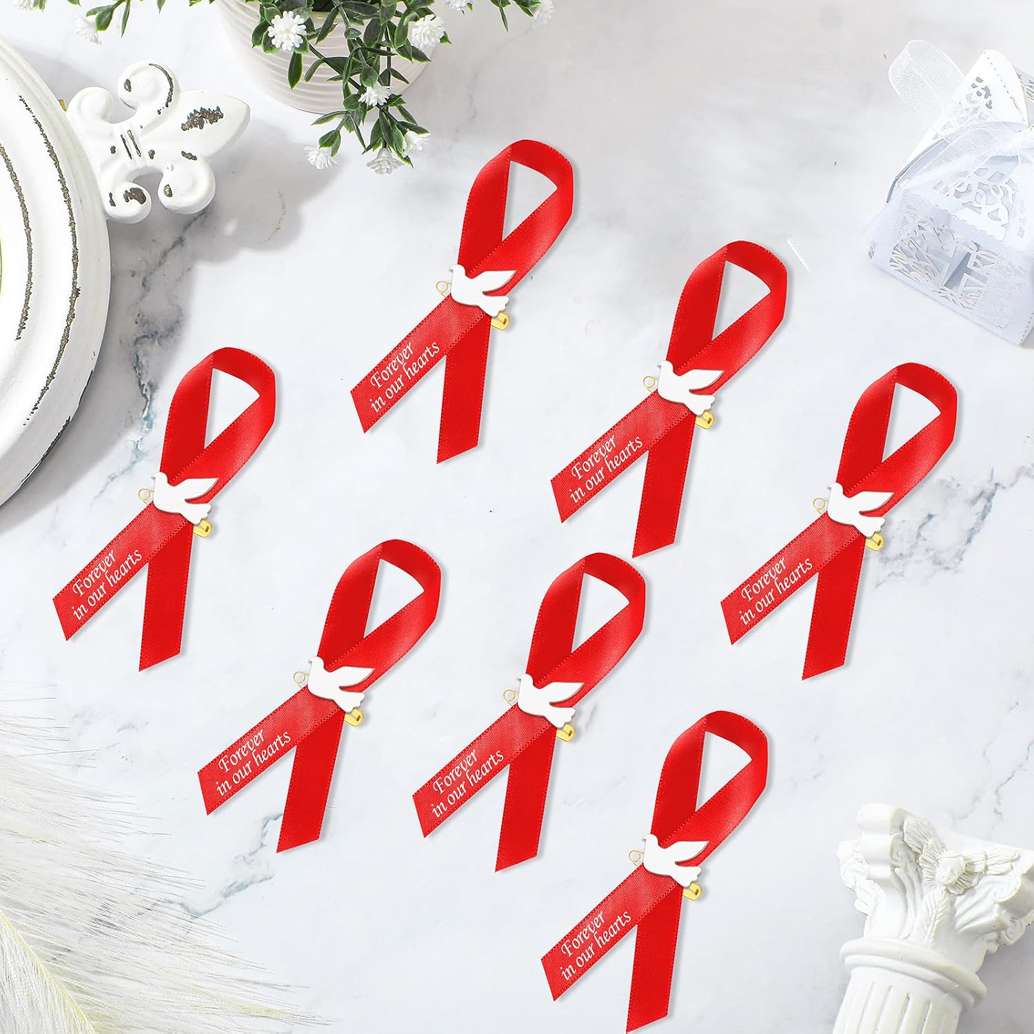 Geosar 50 Pcs Dove Funeral Ribbons Memorial Ribbon Funeral Pins Classic Memorial Service Respect Ribbon Bow with Safety Pins and Dove for Mourning Remembrance Day Event(Red,White Doves)
