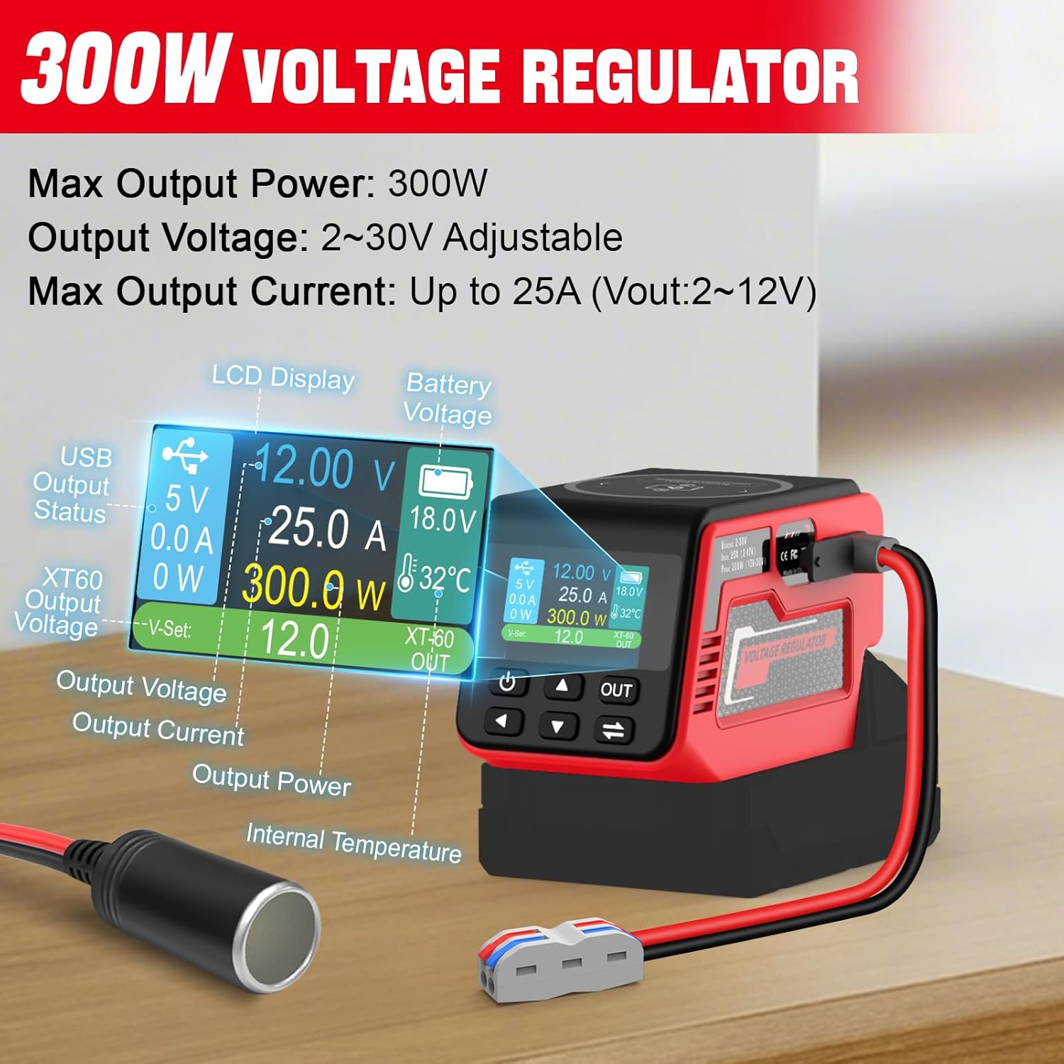 300W Voltage Regulator Compatible with Milwaukee 18V Battery (Battery Not Included), 2–30V Adjustable DC Output, 100W Type-C PD Fast Charging, 15W Wireless Charger