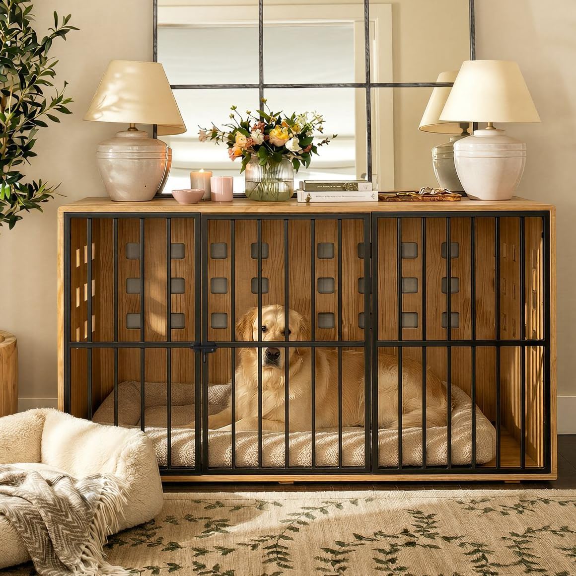 Solid Wood Extra Large Dog Crate Furniture for Medium & Large, 47.2 Inches Wooden Dog Crates, Lockable Decorative Kennel Indoor, Heavy Duty Pet Crate Side Tbale for Living Room, Natural