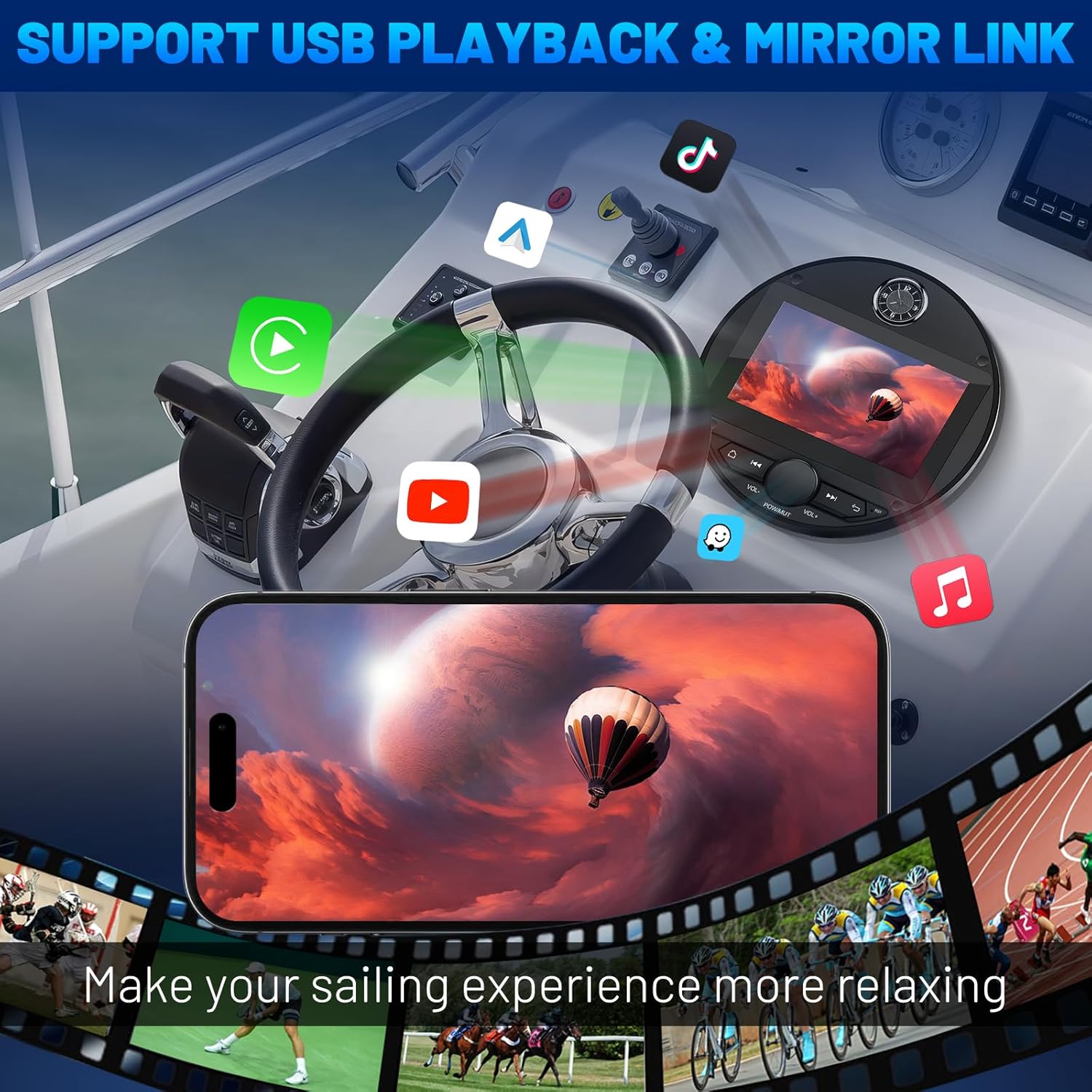 2026 Upgraded Marine Stereo with Wireless CarPlay and Android Auto, Portable 7'' Wireless Carplay Touchscreen, Waterproof IPX6 Marine Multimedia Player for Marine, ATV, Boat, BZR, Golf Cart - Image 4