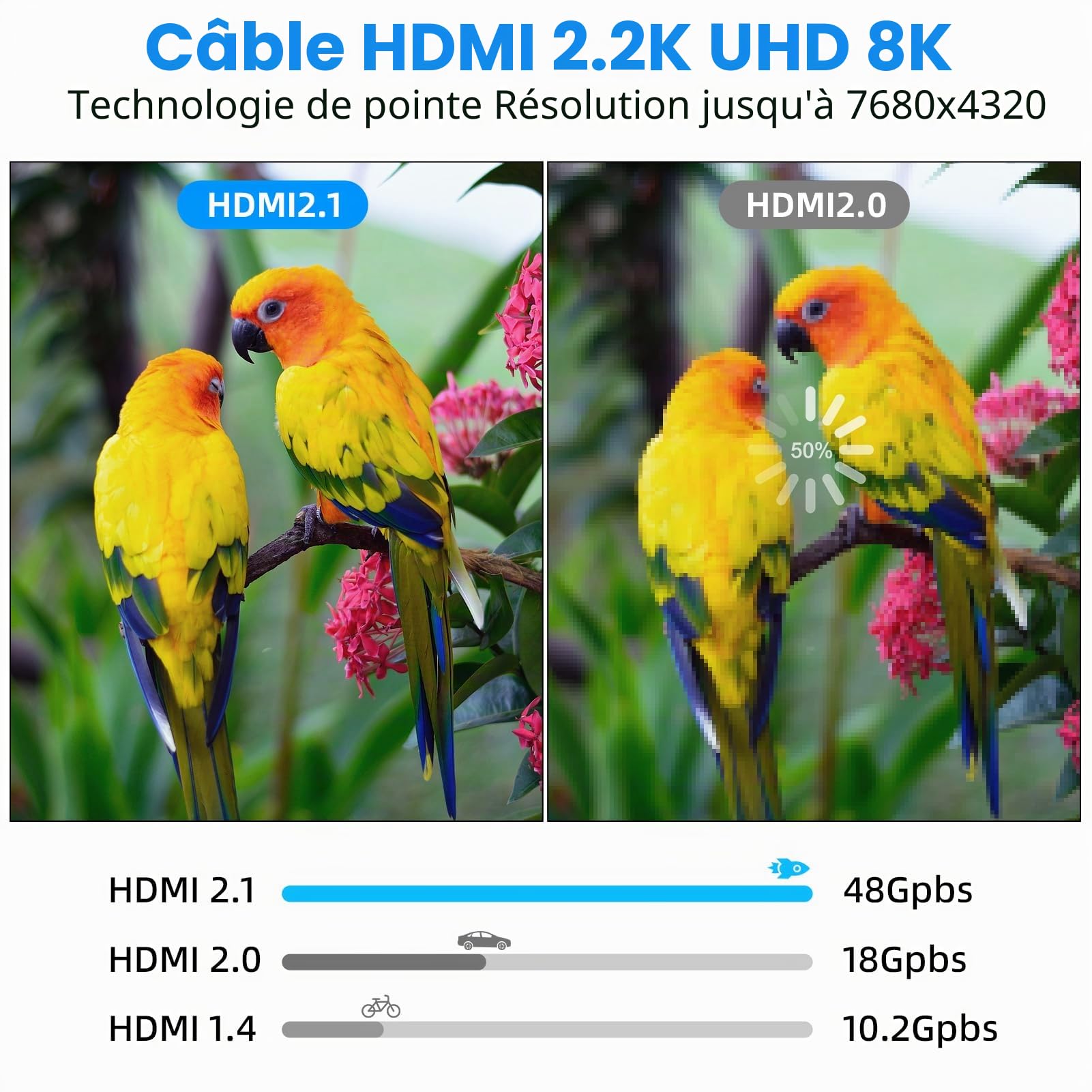 Câble HDMI 2.1 8K 20 m, blindé en acier optique HDMI 2.1 48 Gbps Ultra Haute vitesse, In Wall CL3 Rated, AOC 8K @ 60 Hz, 4K @ 120 Hz/144 Hz Dynamic HDR eARC Dolby HDCP2.2 Compatible avec PS5