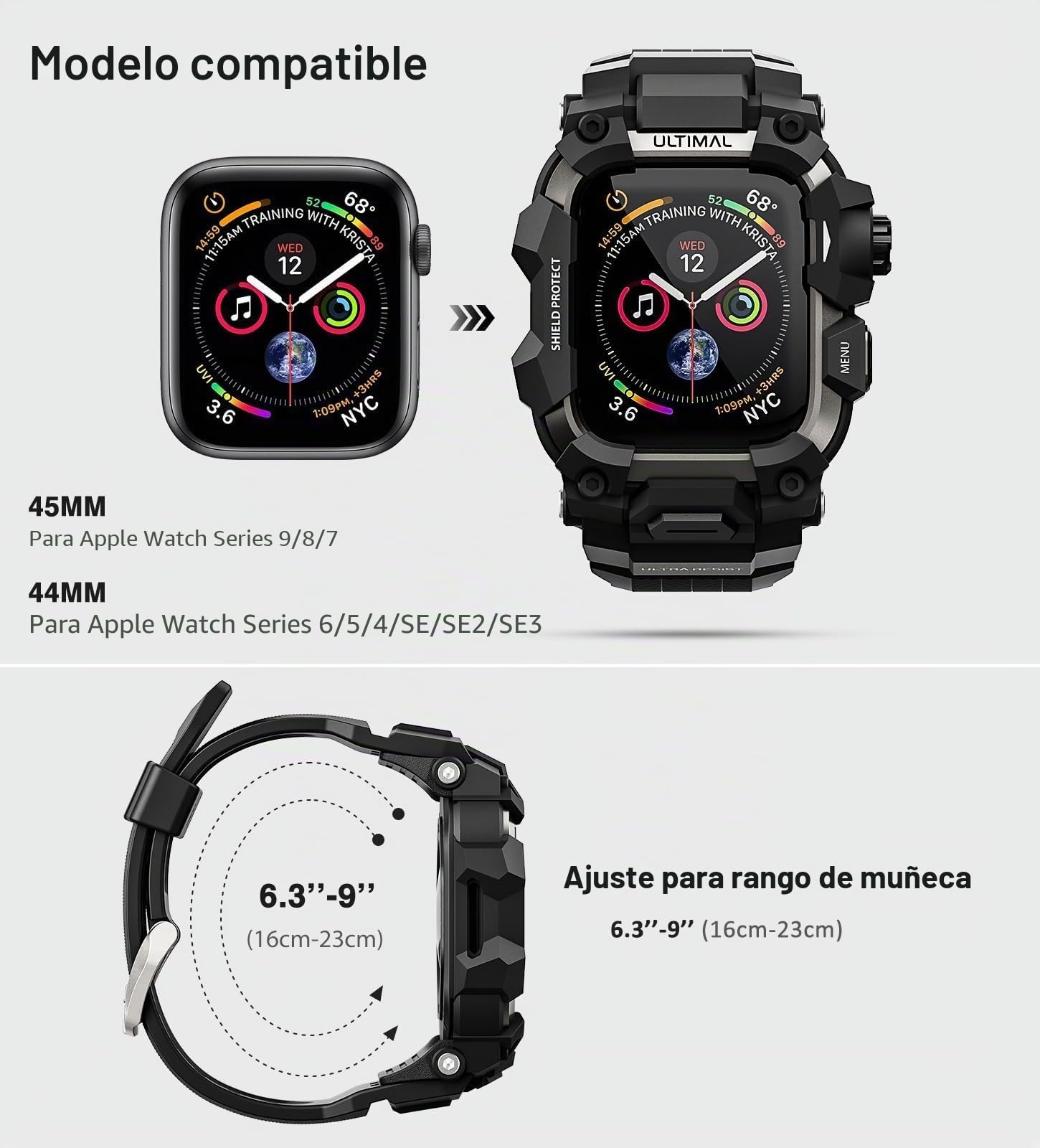 ULTIMAL Sports Bands Compatible with Apple Watch Strap 44mm/45mm, Military Protective Bumper Case, Rugged TPU iWatch Strap, Adjustable Band for Apple Watch Series 9 8 7 6 5 4 SE