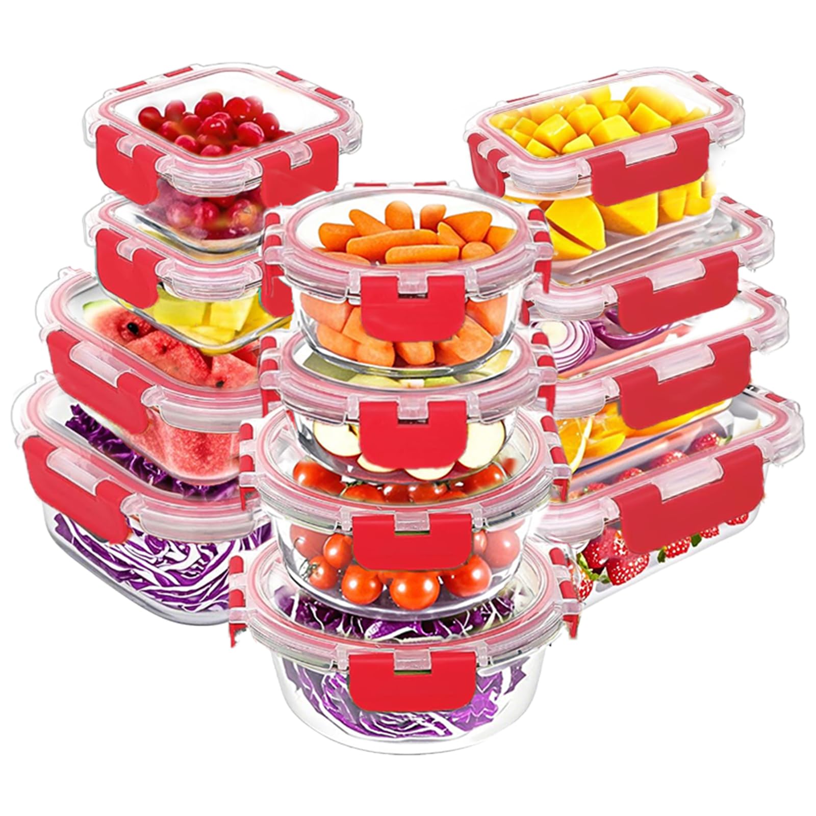 VERONES 24 Pieces Glass Food Storage Containers Set, Airtight Glass Lunch Containers, Glass Meal Prep Containers with Lids,Exclusive of BPA, for Microwave, Oven, Freezer & Dishwasher Friendly,Red