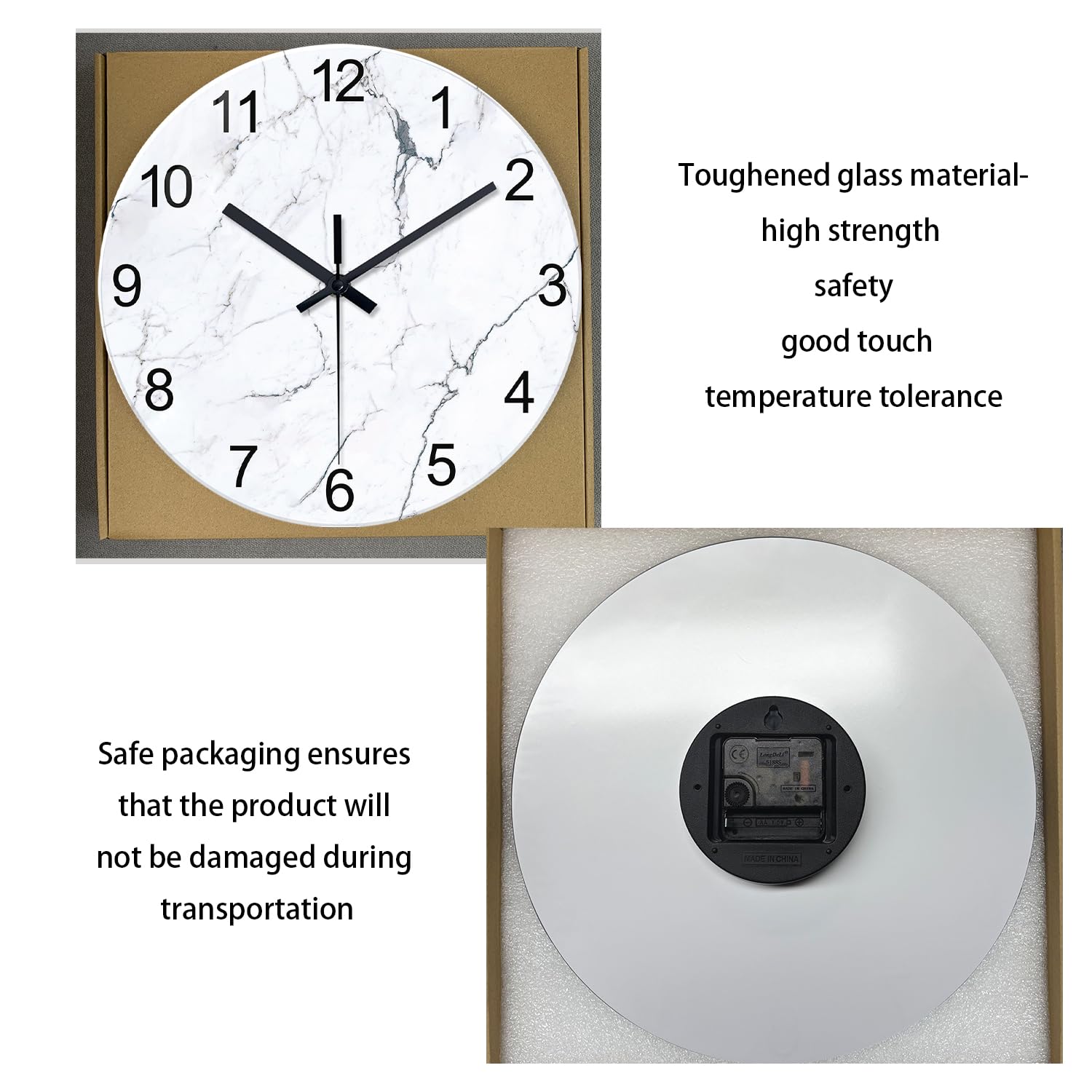 Modren Weiße Marmor-Glas-Wanduhren, batteriebetrieben, 35,6 cm, abstrakte dekorative Wanduhren, rund, minimalistisch, geräuschlos, Wanduhr für Wohnzimmer