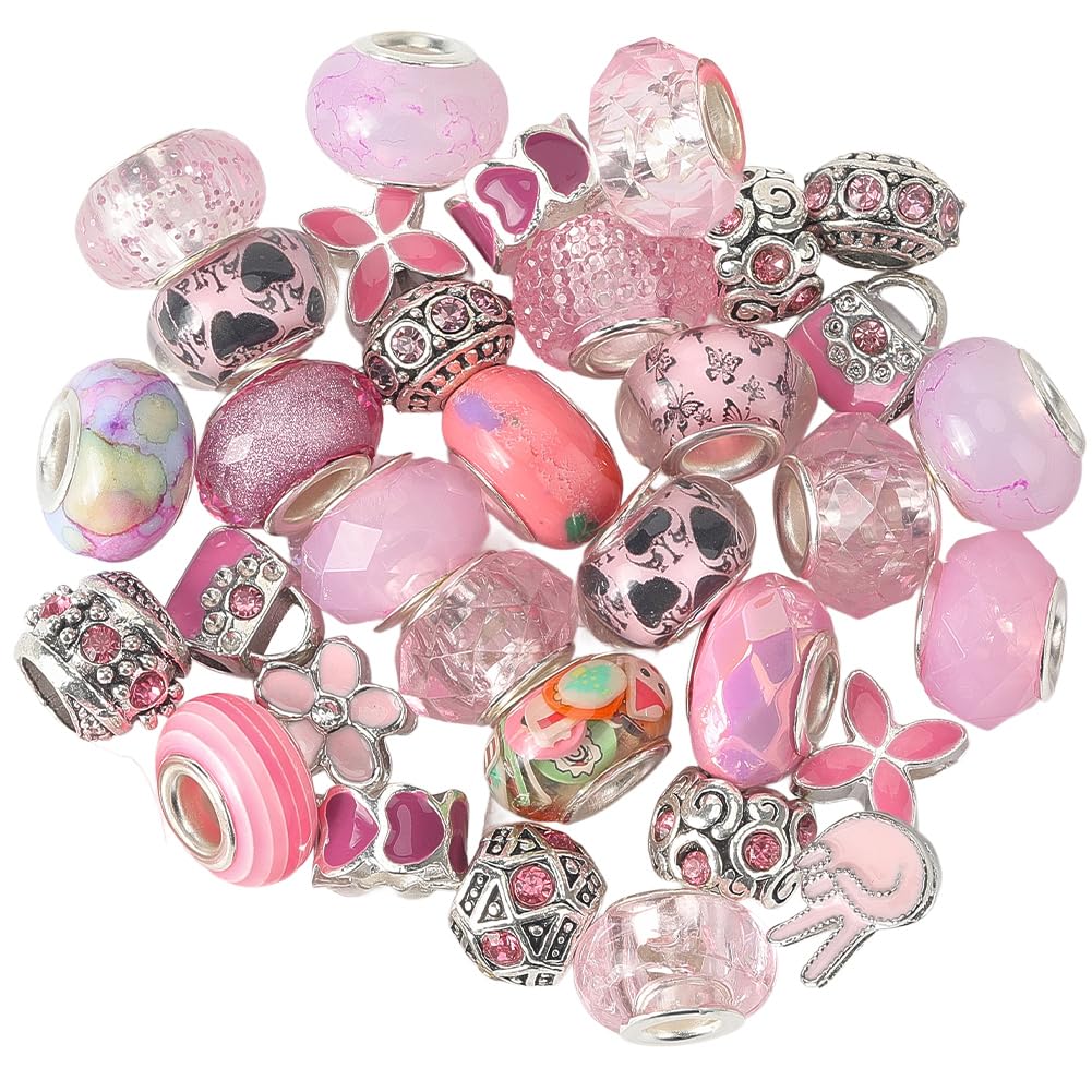 SUNNYCLUE 1 Box 50Pcs European Beads Bulk Large Hole Spacer Beads Pink Cute Rhinestone Metal Resin Random Flower Round Rondelle Spacer for Jewellery Making Charms Crafts DIY Necklaces Bracelet