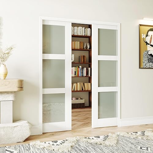 Miniatura 7 de Juego de puerta corrediza de bolsillo de 30 x 80 pulgadas, incluye panel de vidrio esmerilado de 3 litros y kit de marco, losa de puerta individual