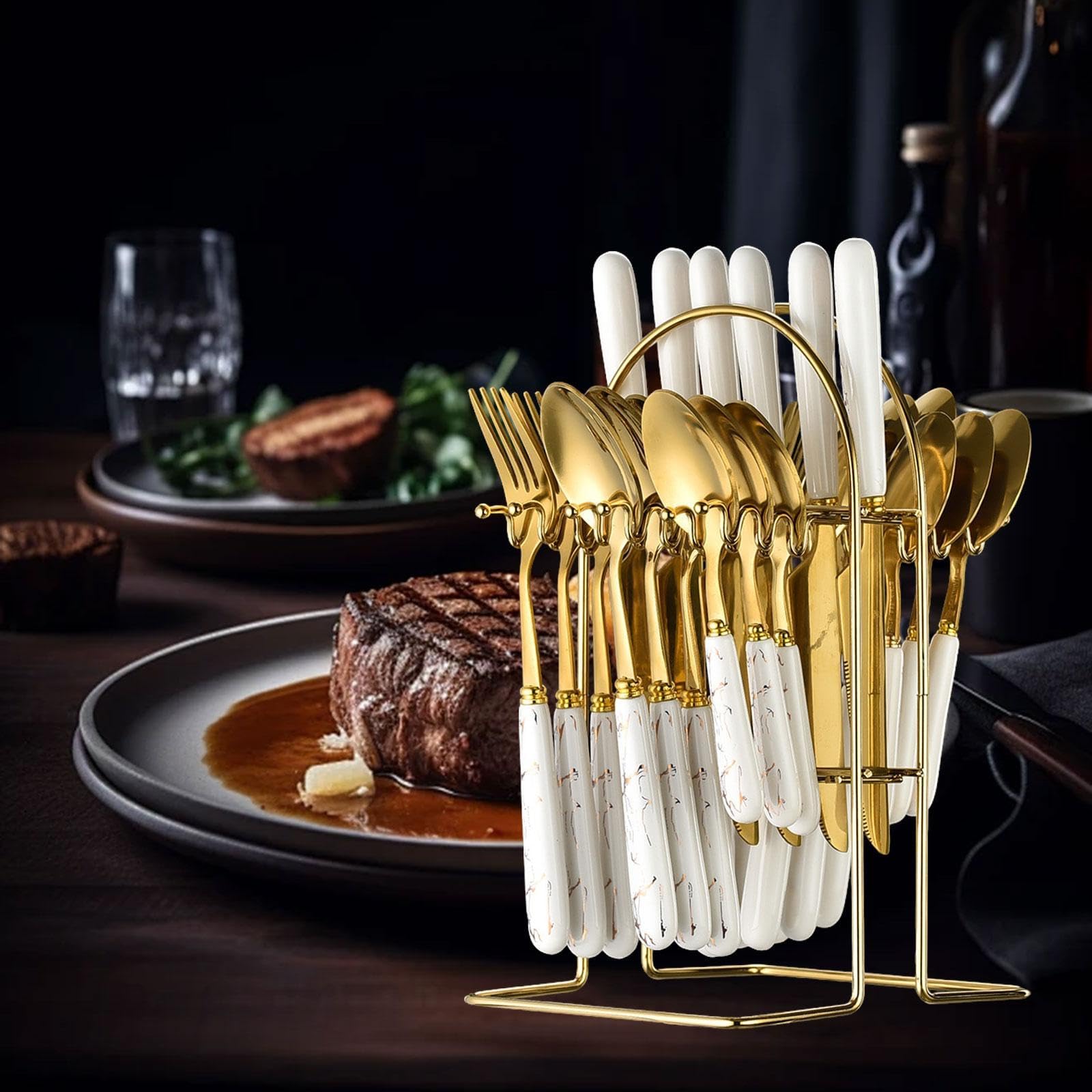 25 Piezas Vajilla de Cubiertos Acero Inoxidable Cerámica Ergonómica Pulido Soporte Colgante para Cenas Fiestas Y Hogar, Oro Blanco, Individual