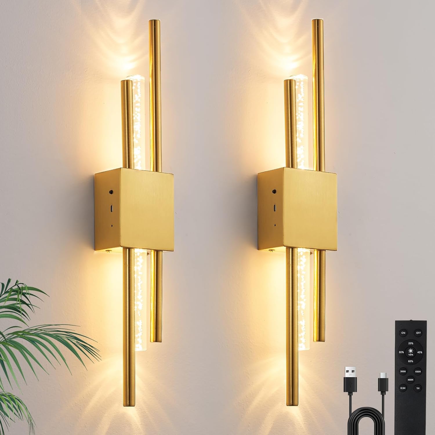 Battery Operated Wall Sconces Set of Two, Rechargeble Modern Crystal Bathroom Wall Sconces, 3000K-6000K Dimmable Gold LED Wireless Wall Lights for Vanity Bedroom Living Room Hallway 19.7in