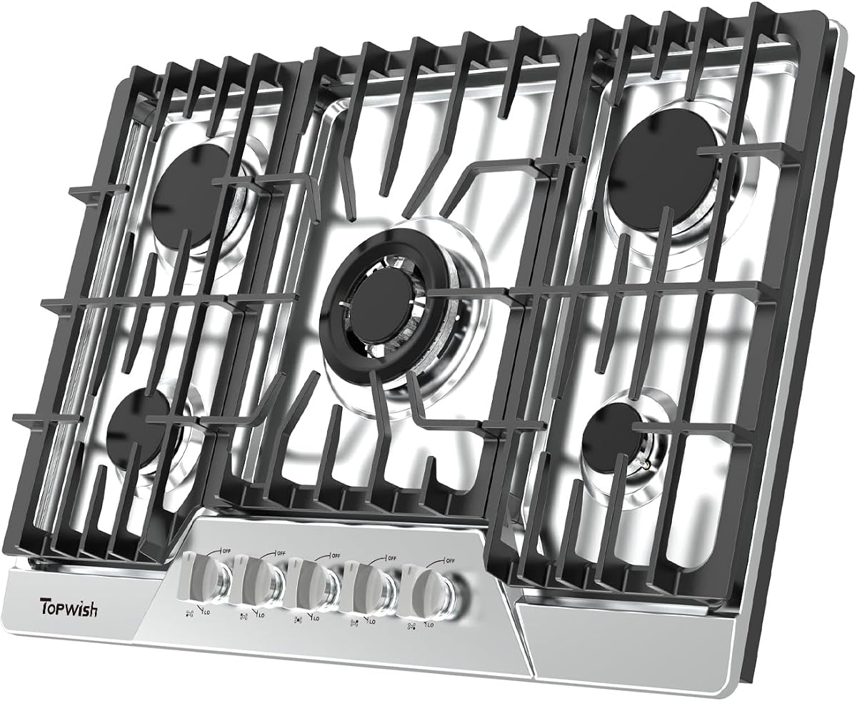 Gas Cooktop 30 Inch, Built-in 5 Burner Gas Stove Top Italy SABAF Burners | 30 Gas Cooktop, Propane Gas Stove Top, NG/LPG Convertible, Thermocouple Protection, Auto Shut-off, Stainless Steel Panel