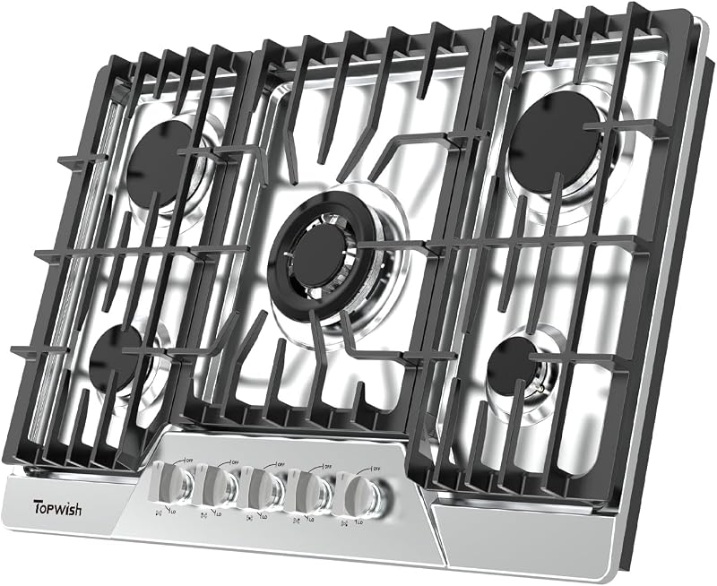 Gas Cooktop 30 Inch, Built-in 5 Burner Gas Stove Top Italy SABAF Burners | 30 Gas Cooktop, Propane Gas Stove Top, NG/LPG Convertible, Thermocouple Protection, Auto Shut-off, Stainless Steel Panel