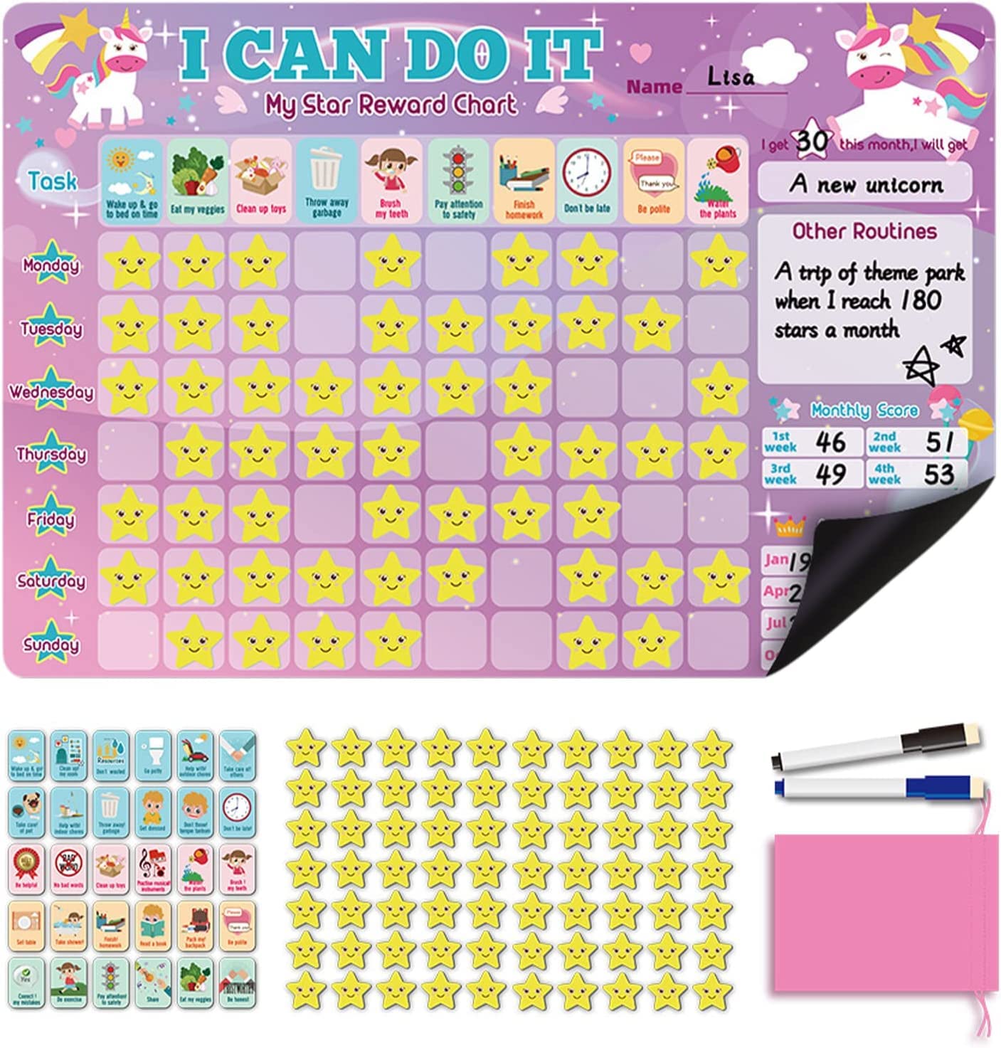 Tuklye Magnetic Reward Chart/Good Behaviour/Responsibility/Housework Reward/Obvious Chart with Insertable Pen, Behavior Tile and Star Tile 44 * 30cm (Pink)