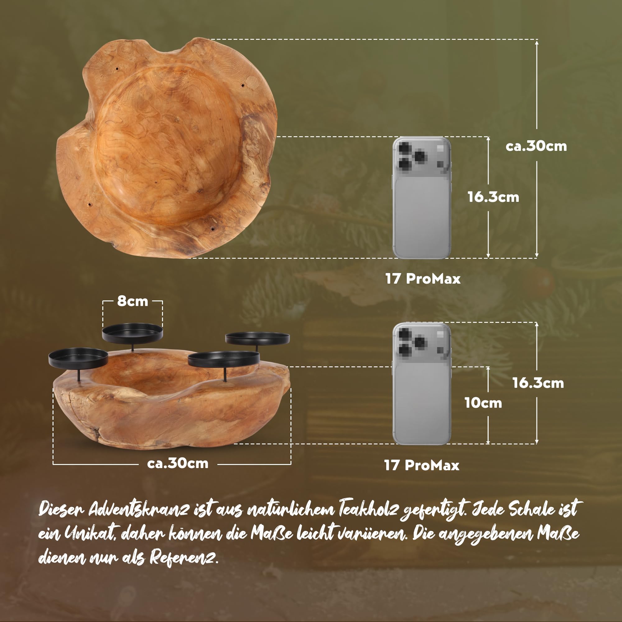 Homecall Adventskranz Modern Kerzenhalter Adventskranz Holz Mit 4 Kerzenpicks Adventsgesteck Schlüsselschale Adventskranz Teelichter Holzschale Ø Ca. 30 cm Teakschale (Ohne Kerzen und Dekorationen)