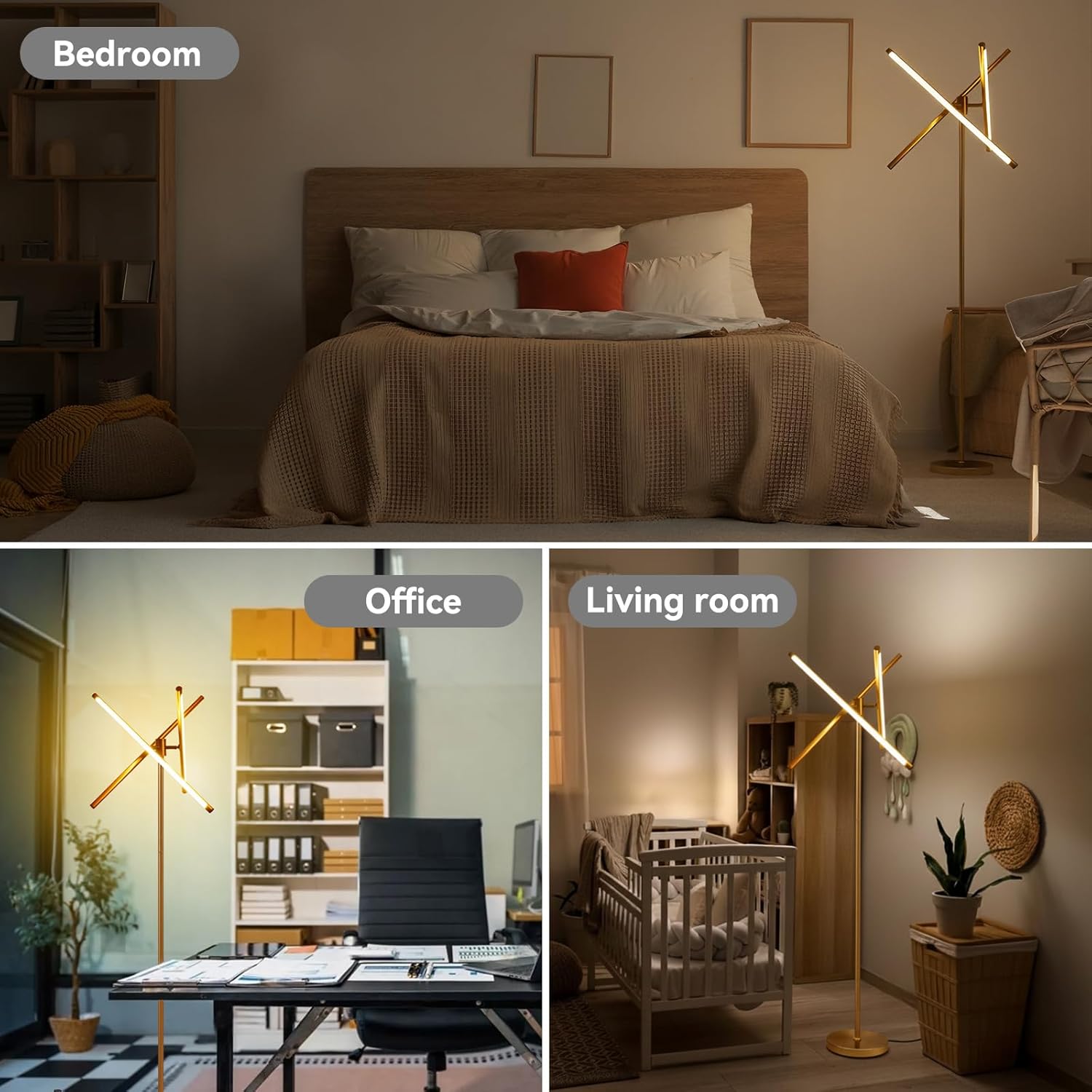 LED Dimmable Floor Lamp with Remote & Foot Switch, 2700–6000K Adjustable Color Temperature & Stepless Dimming, 3-Bar Linear Tall Standing Lamp, Slim Gold Corner Floor Lamp for Living Room Bedroom