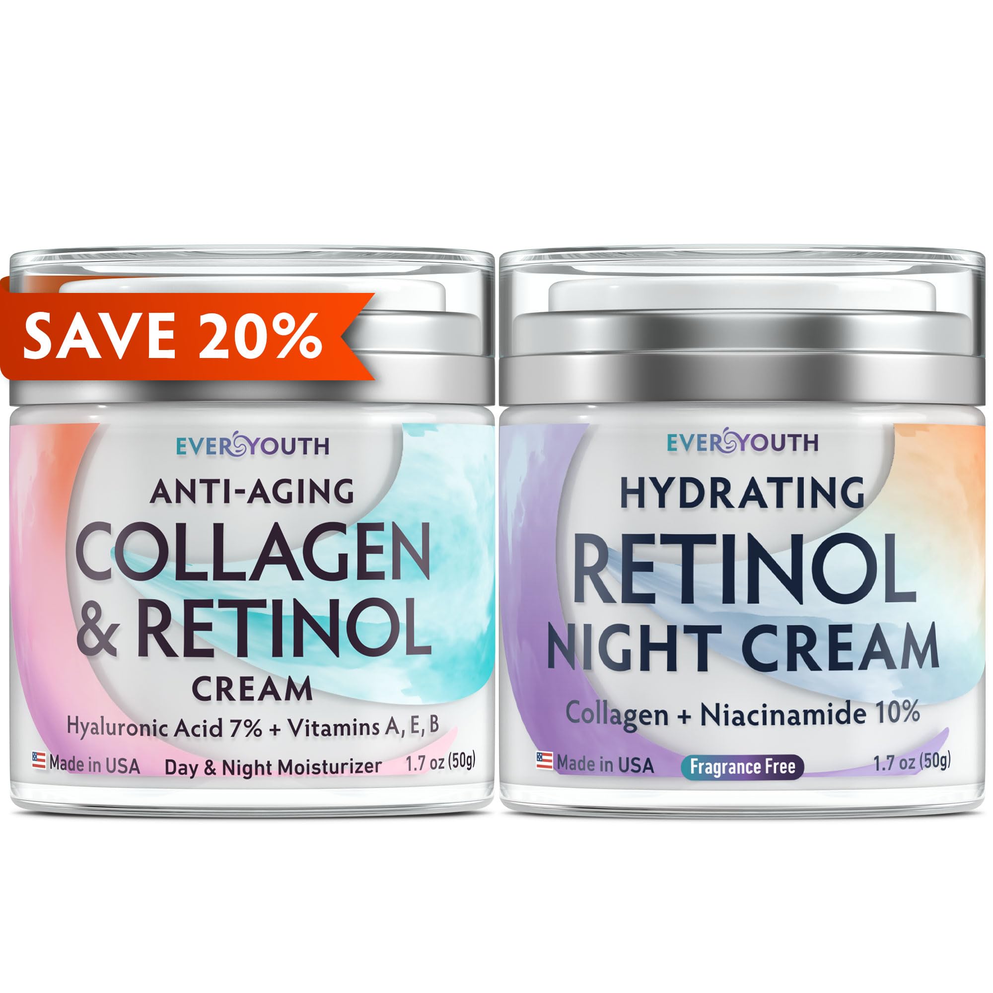 Day & Night Cream Bundle (Save 20%), Face Moisturizer Face Creams with Collagen, Retinol, Hyaluronic Acid & Niacinamide 7%, Made in USA, For Face, Neck & Décolleté, Skin Repair Duo