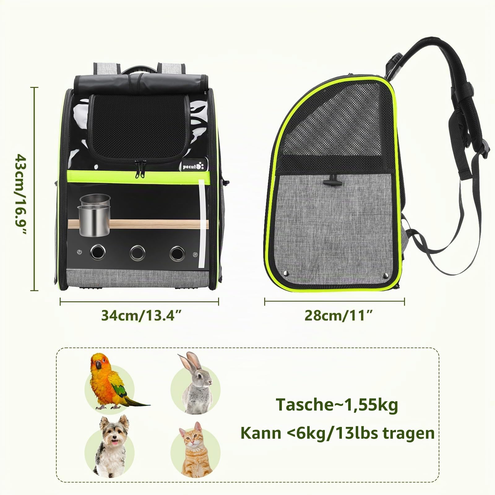 pecute Rucksack für Vögel mit Holzstab, Leichte Träger Vogel Transporttasche, wasserdichte Papageien Reiserucksack mit Edelstahl-Tablett und Stehstange, Transportbox Vogel, 34 x 28 x 43cm