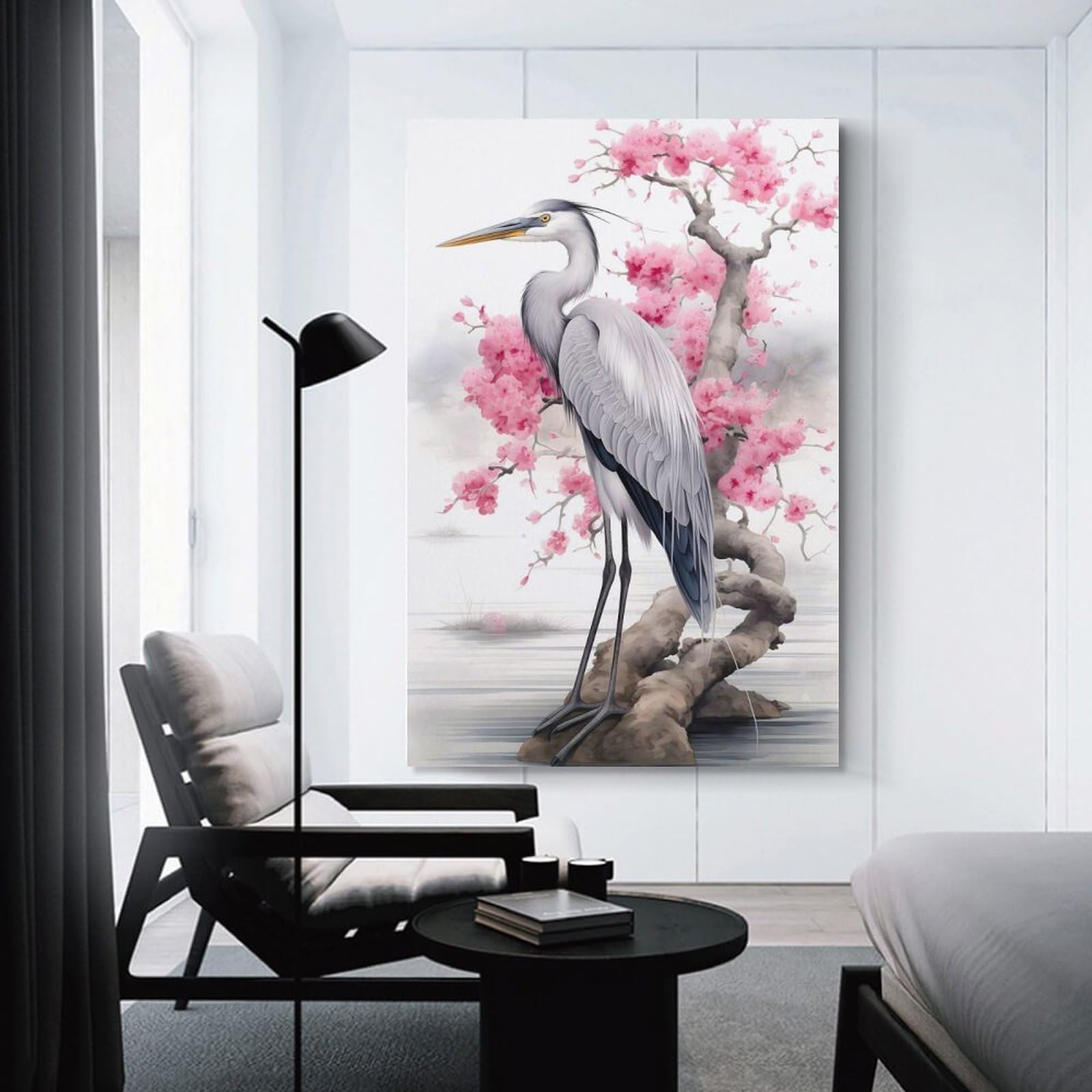 Junmoney Unframe-Style-3 Cherry Blossom Heron Canvas Wall Art 24X36inch(60X90cm), For Office Decor, Home Working Or Creative Rooms, Wall Art That Adds Style To Work Areas