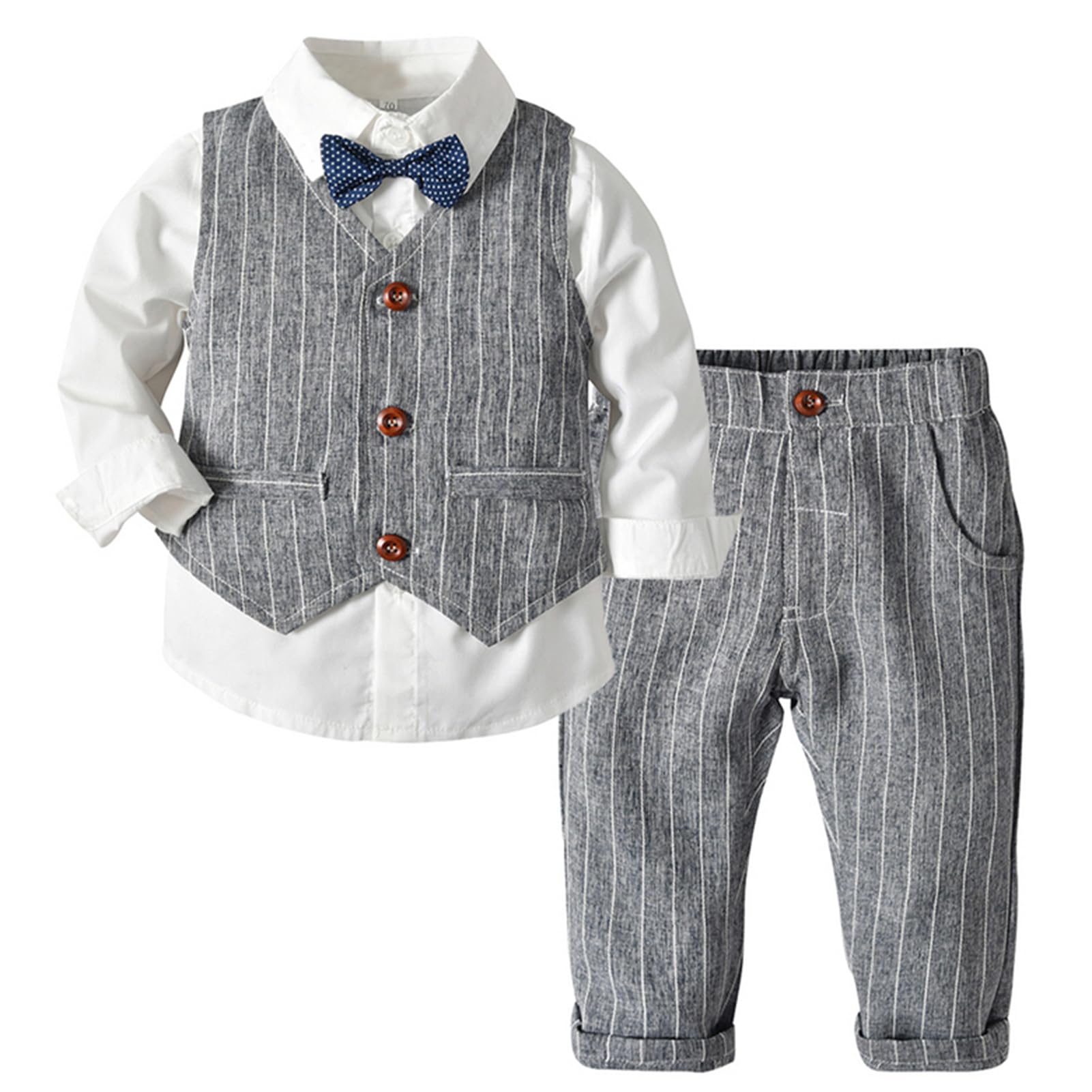 Garçon Costume de Baptême Bébé Ensemble de Mariage Manche Longue Chemise et Gilet et Pantalon avec Noeud Papillon