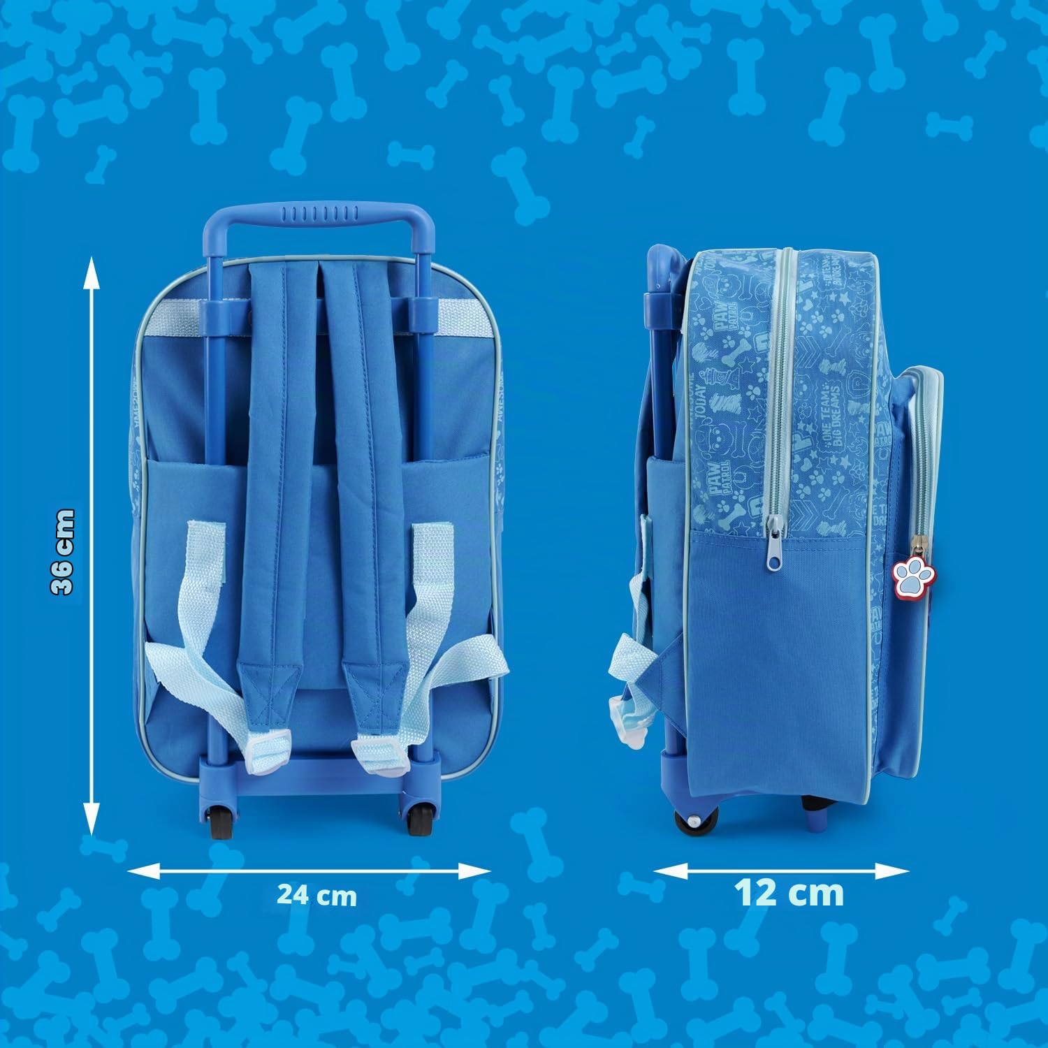 PERLETTI Zaino Paw Patrol Bimbo con Trolley Rimovibile per Asilo - Zainetto con Rotelle Bambino Scuola Materna con Chase Marshall Rubble - Trolley per Bambini con Tasca Frontale Blu - 36x24x12 cm