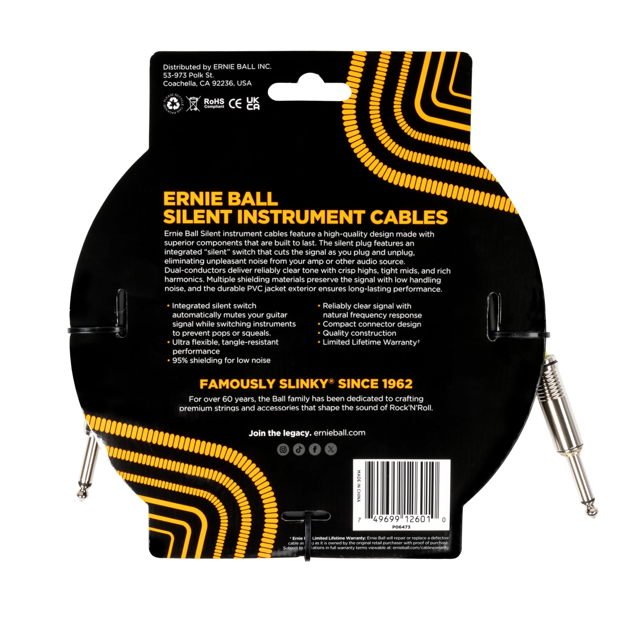 Ernie Ball Classic Cavo per Strumenti Silenzioso, Dritto/Dritto 6m - Nero