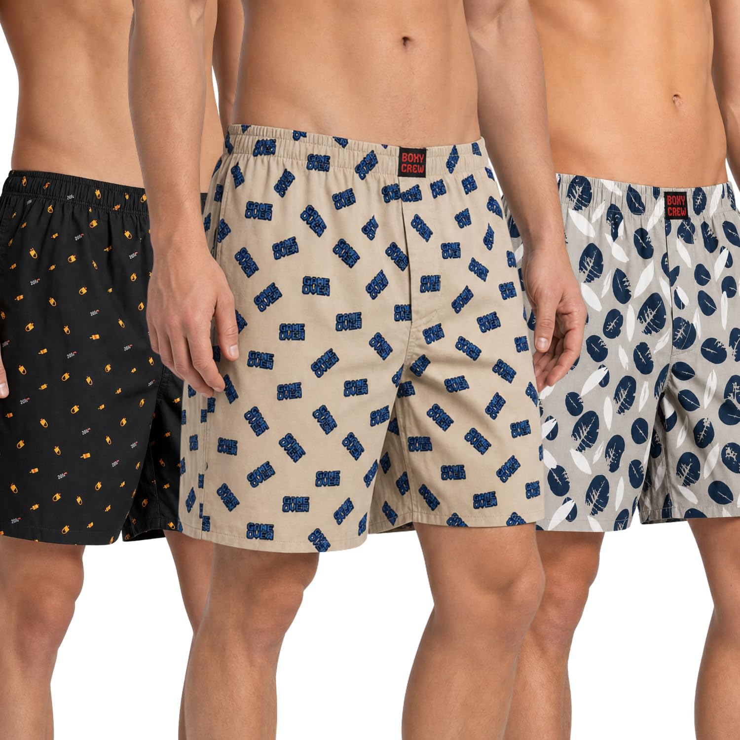 Men's 100% Cotton Printed Boxer Shorts Pack of 3 with Dual Side Pockets and Fabric-Covered Waistband - Black/Beige/Cream, Styles MBX016, MBX019, MBX021-image-3