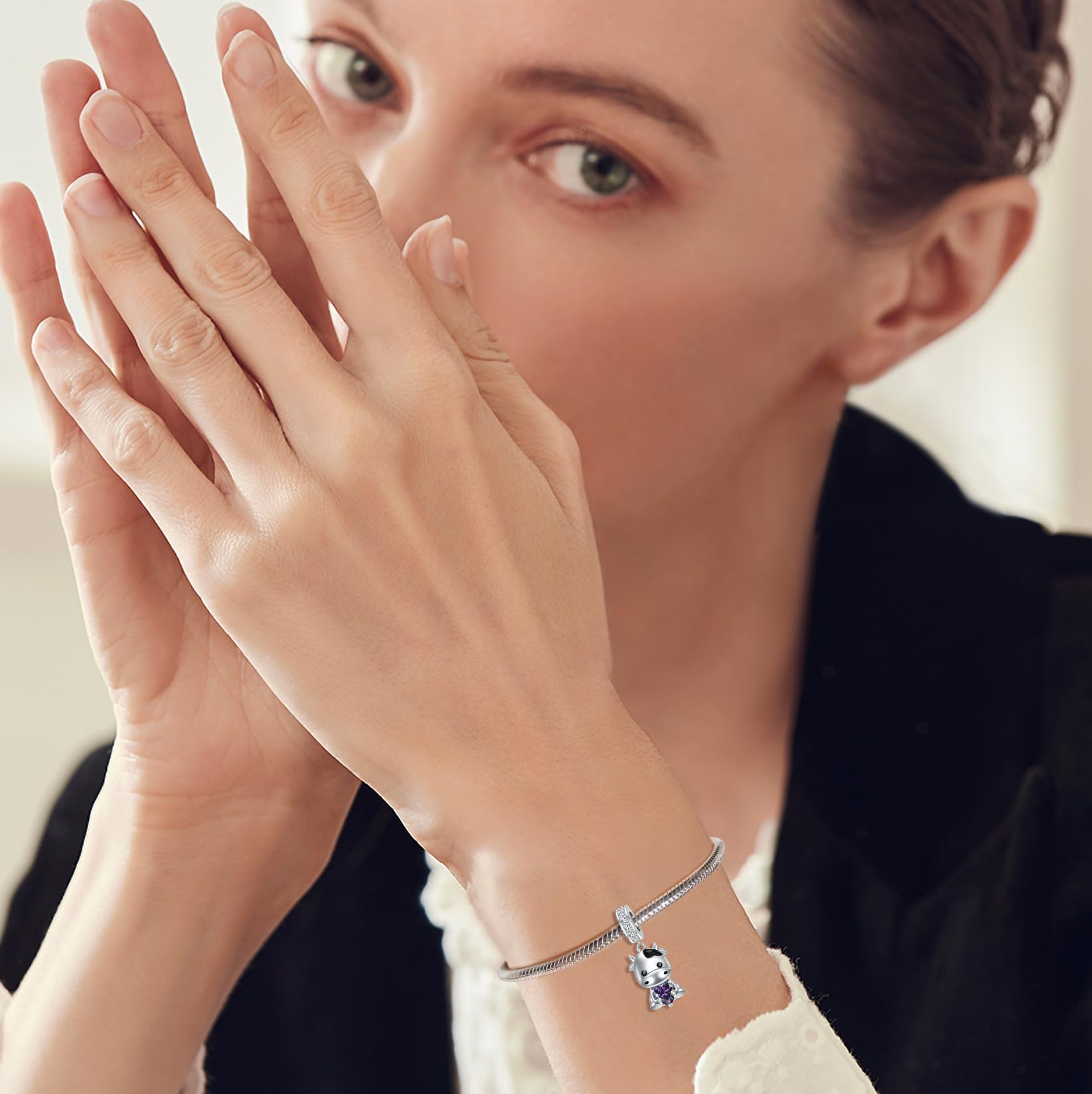 ROMANTICWORK Kuh Charm aus 925er Sterlingsilber, Geburtsstein für 1–12 Monate, Kuh Charm für Kuh Armbänder, Kuh Perle, Kuh Schmuck für Frauen, Kuh Liebhaber