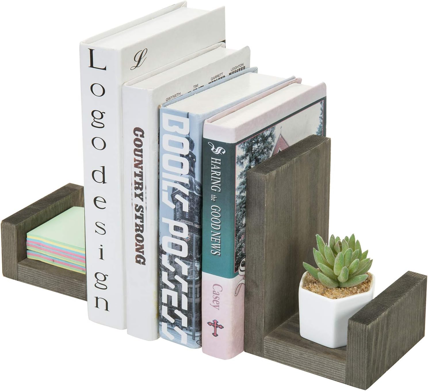 MyGift Vintage Gray Solid Wood Bookends - Office Desk Decorative Book Stands with L-Shaped Design and Brass-Tone Metal Supports, 1-Pair : Home & Kitchen