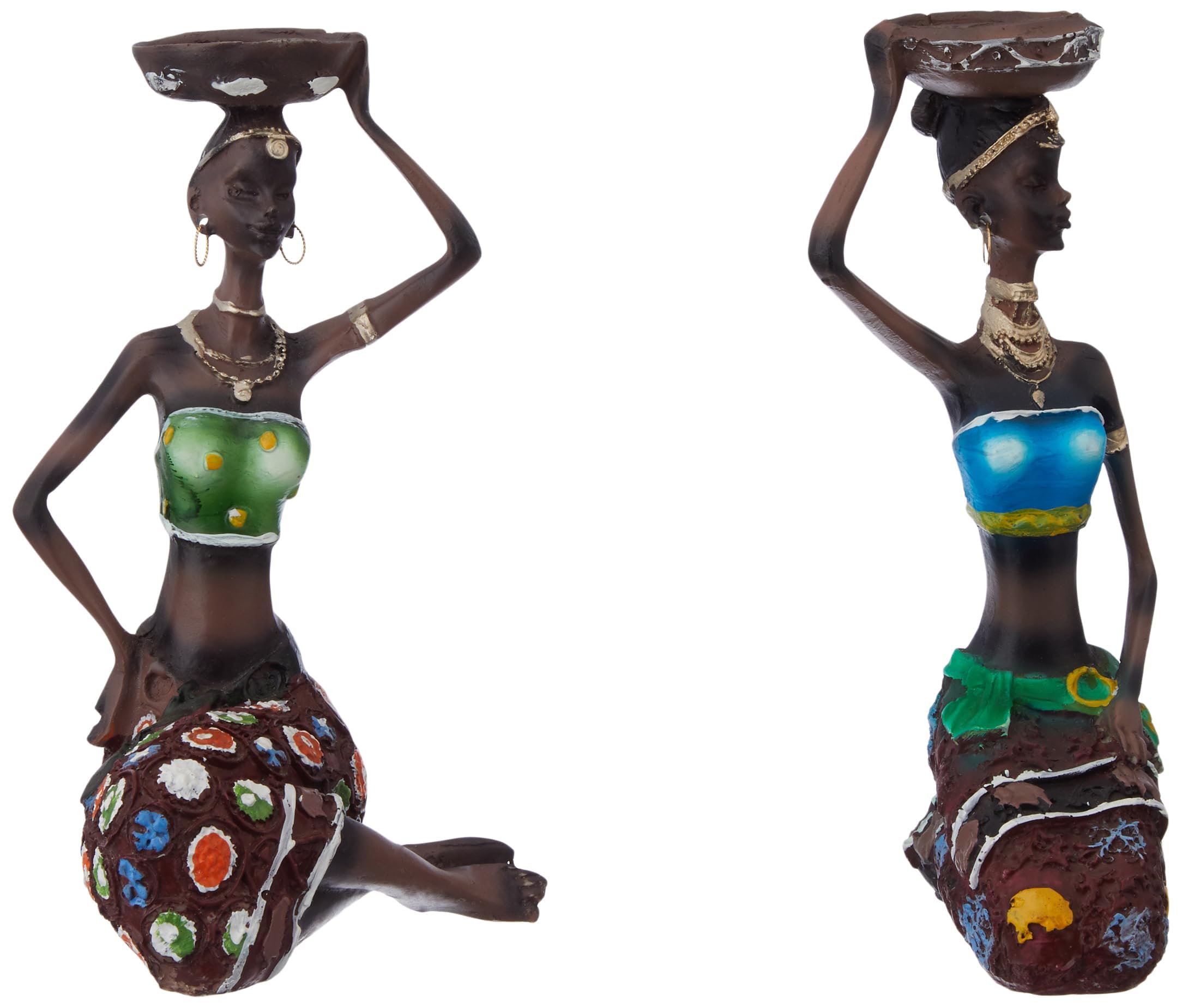 Handcrafted Home Decor Art Piece | Sitting African Tribal Women with Candle Holder | Set of 2 (Multicolor) 3