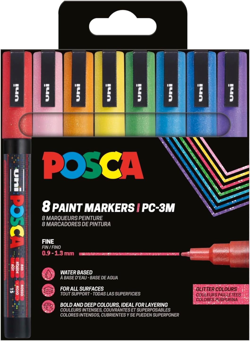 Posca 186539 - Set of 8 PC-3M Glitter Acrylic Pens - Permanent Marker 0.9-1.3mm Round Tip