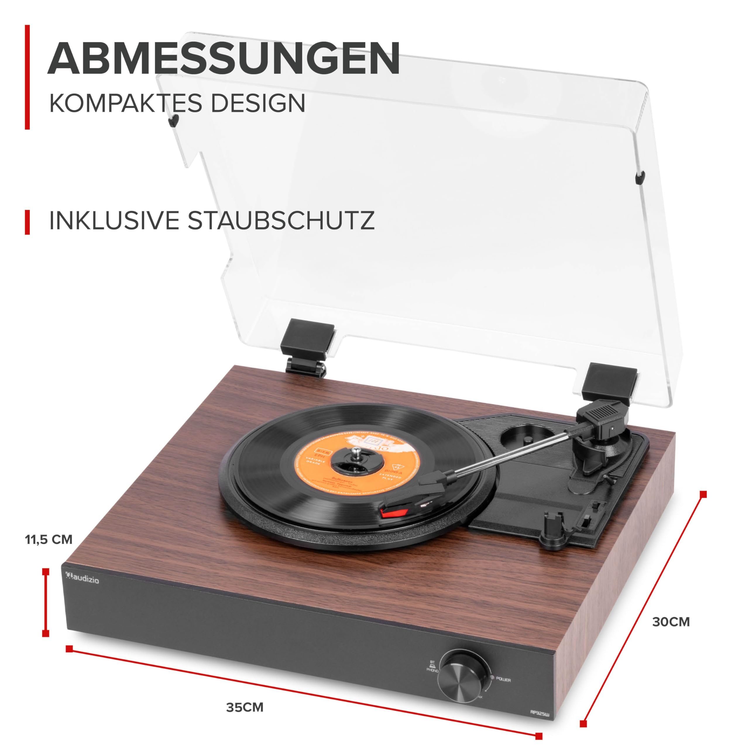 Audizio RP325W Retro Plattenspieler mit Lautsprecher & Bluetooth In/Out, Schallplattenspieler mit Boxen 60 Watt – Vinyl Player Holzoptik – Record Player mit Vorverstärker & Auto-Stop – Turntable Vinyl