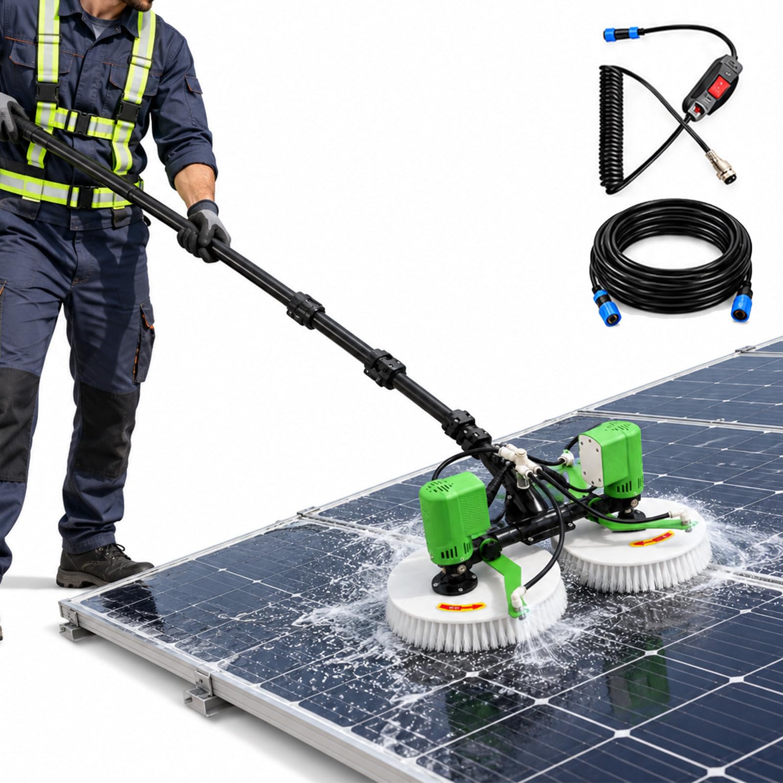 Cepillo eléctrico Limpieza Paneles solares con pértiga telescópica, Spray de Agua 4 Puntos con Motor sin escobillas, Equipo PV 3.5m/11.48ft-Mains+Battery