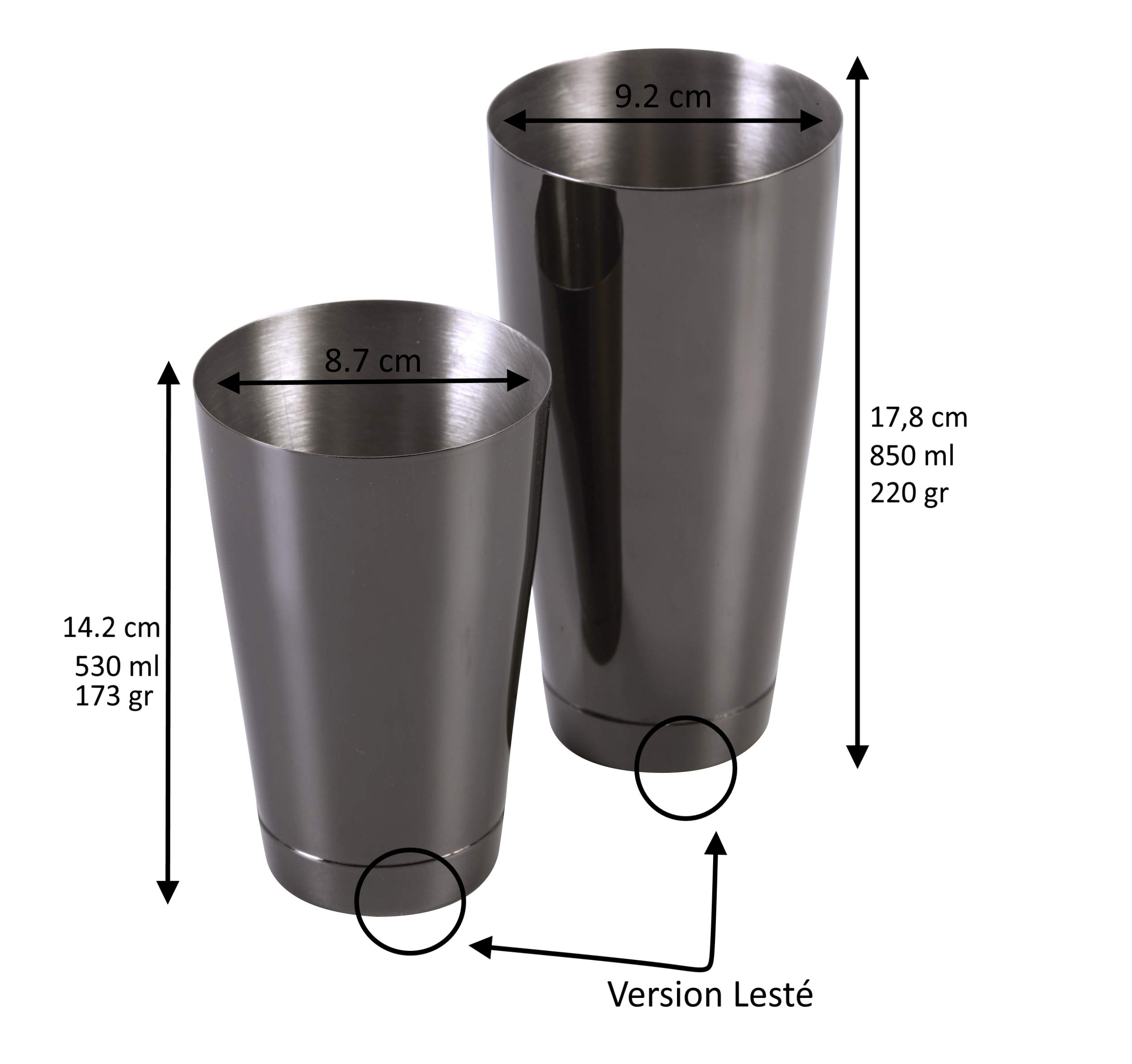 Set shaker da cocktail Boston color nero metallizzato, doppio bicchiere 850ml + 530ml con base stabile, in acciaio inox