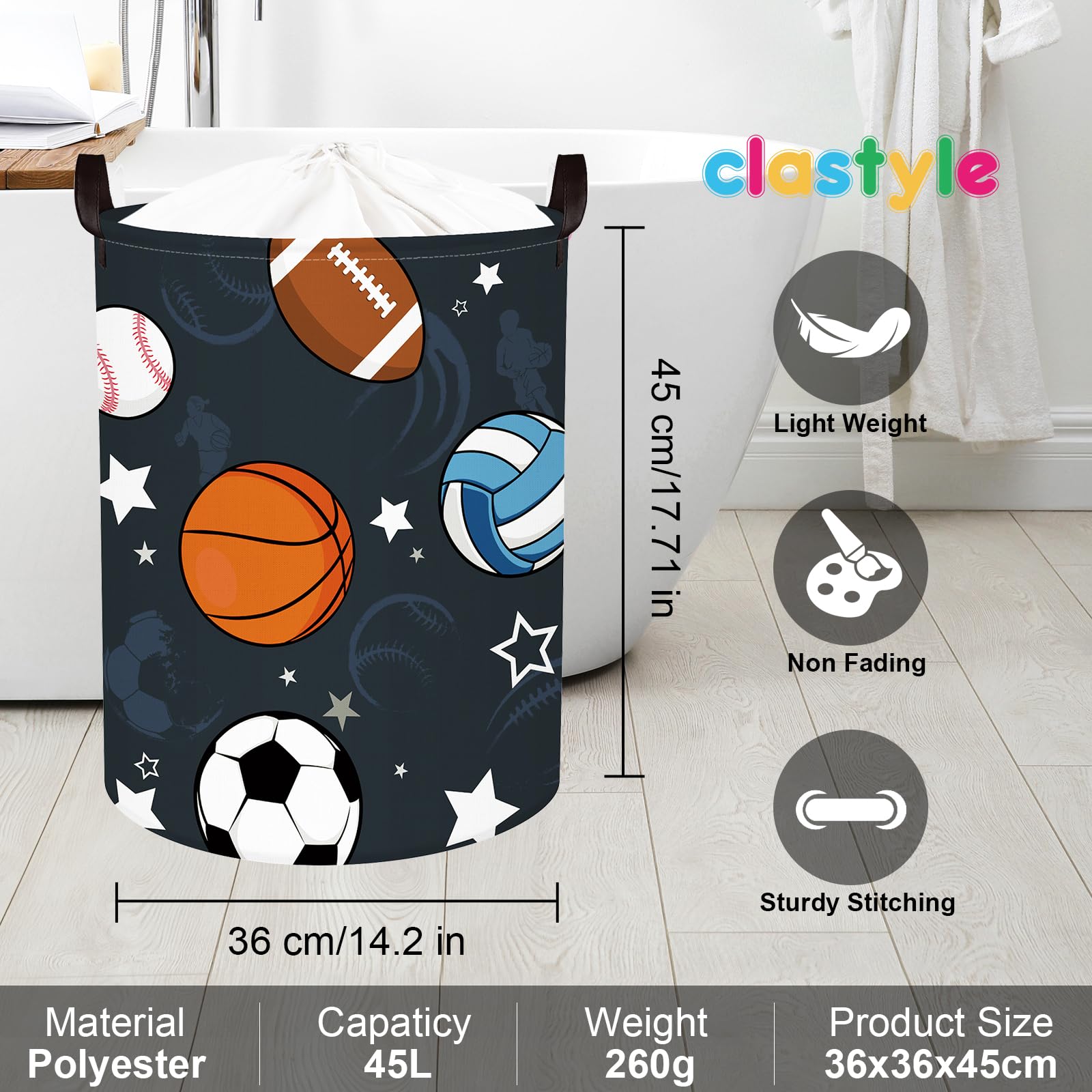 Panier à Linge Enfant 45L Clastyle Theme Sport - Pliable, Imperméable, 36x45cm | Rangement Jouets
