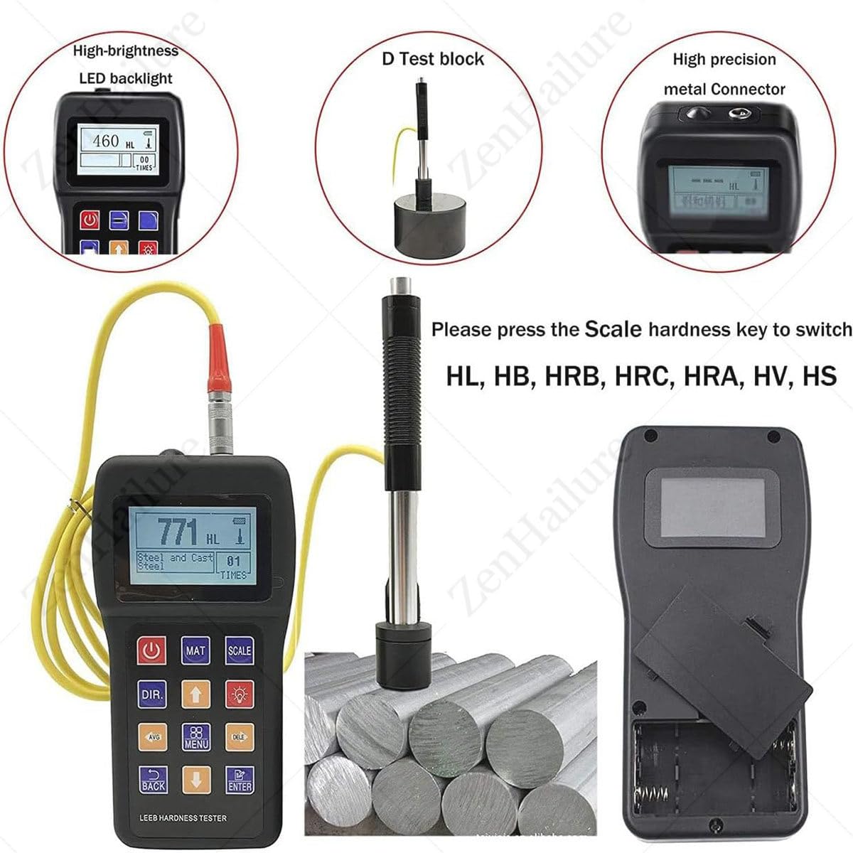 Leeb - Probador de dureza portátil con pantalla LCD, medidor digital con dispositivo de impacto para pruebas de moldes de acero y metal