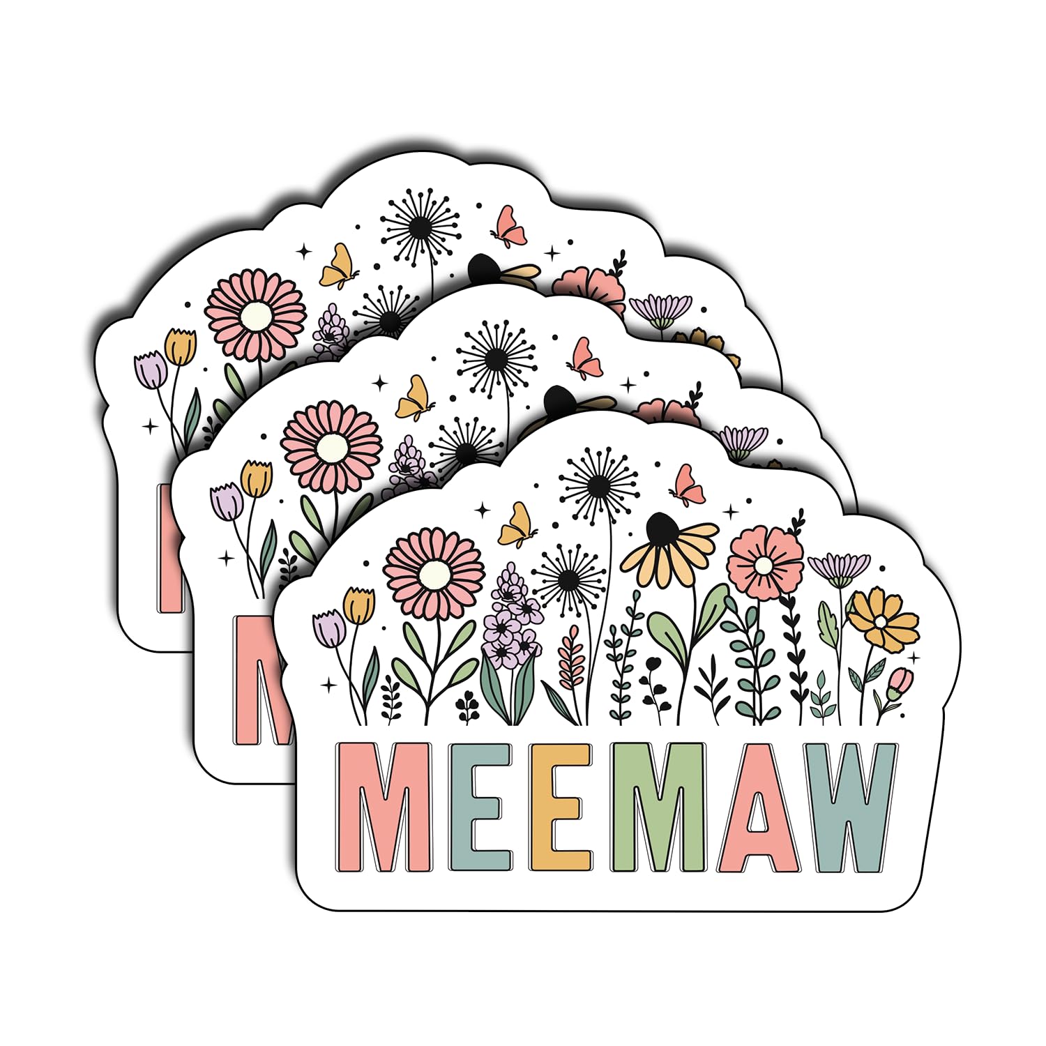 (3Pcs) Meemaw Floral Wildflowers Sticker, Pretty Mom Mama Decal, Celebrate Your Mom Gigi Love, Gifts for Grandma Decoration Book Laptop Phone Waterproof Vinyl Water Bottle Gifts Christmas 3x2.3 Inch