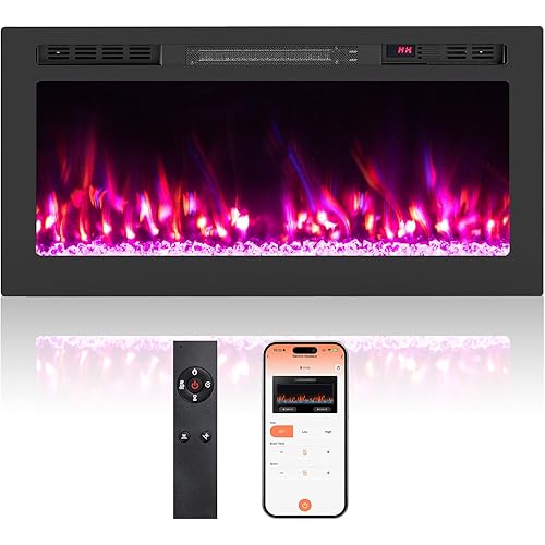 Tangkula 36” Wi-Fi Enabled Electric Fireplace, 750W/1500W Recessed & Wall-Mounted Linear Fireplace Heater with 12 Flame & Ember Bed Colors, 12H Timer, Remote & APP Control