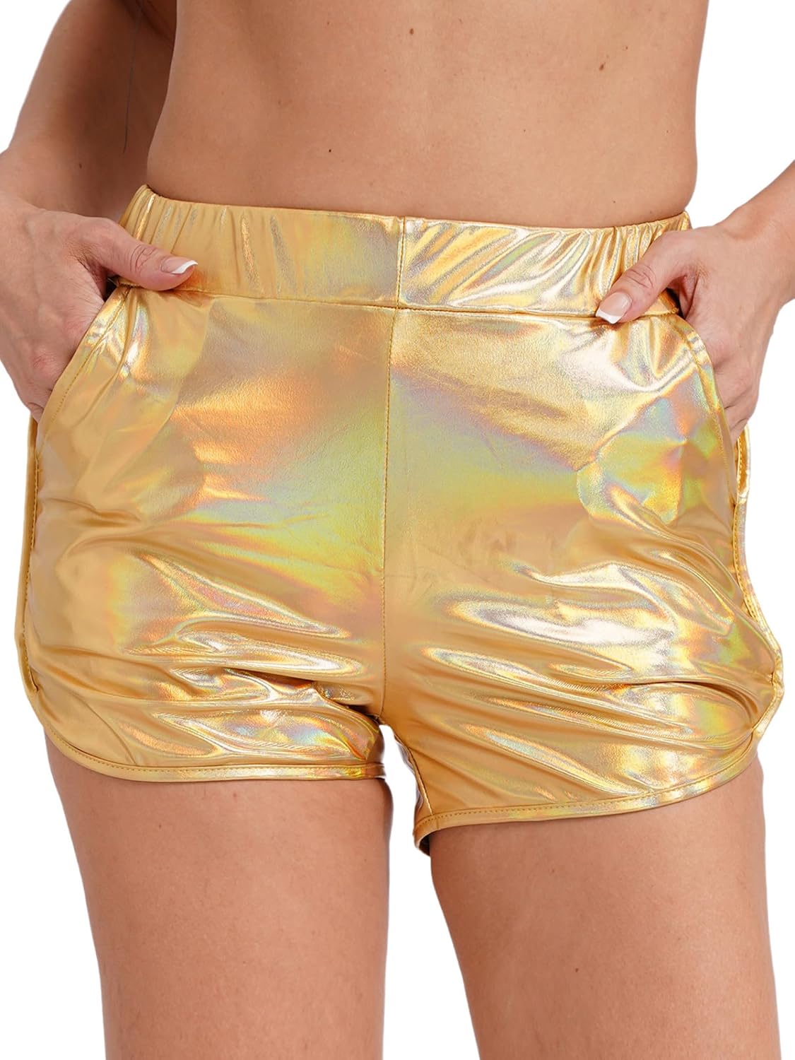 Women's Metallic Shiny Booty Shorts Elastic Waist Side Pockets Raves Dance Shorts