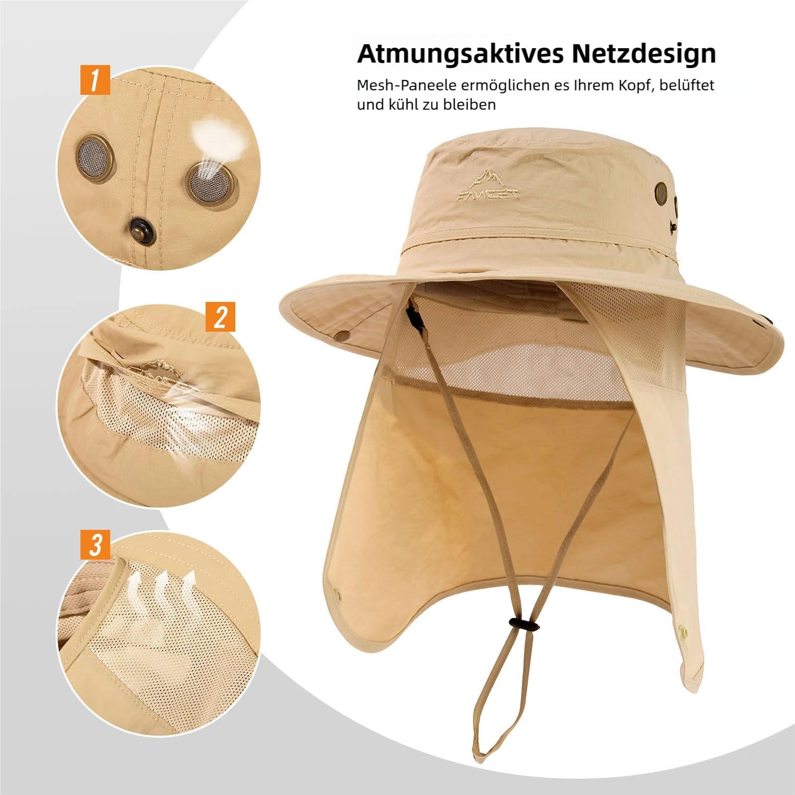 TOP-EX UVCoolix™ Chapeau de soleil unisexe UPF 50+ avec protection de la nuque, chapeau d'extérieur imperméable pour randonnée et pêche, chapeau de safari rafraîchissant avec large bord, respirant